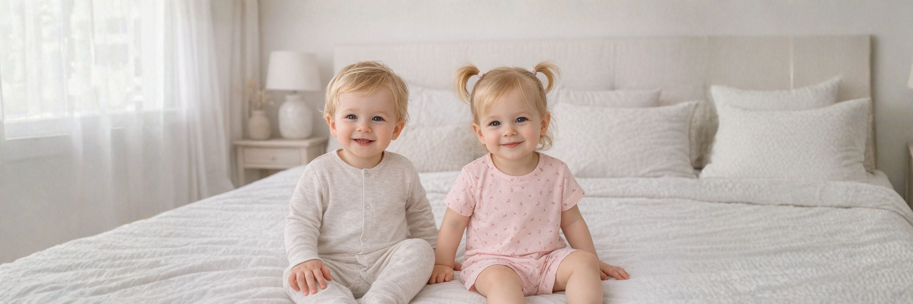 Two babies sitting on a bed in a bright bedroom, smiling and wearing soft pyjama sets in neutral and pink tones.