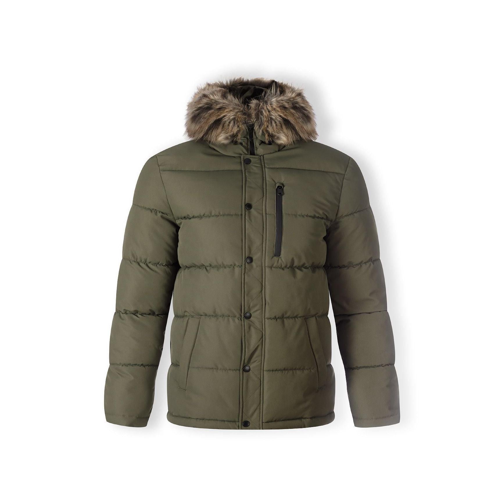 Khaki padded jacket laid flat showing front view with faux fur hood trim, snap button closure and quilted construction on white background
