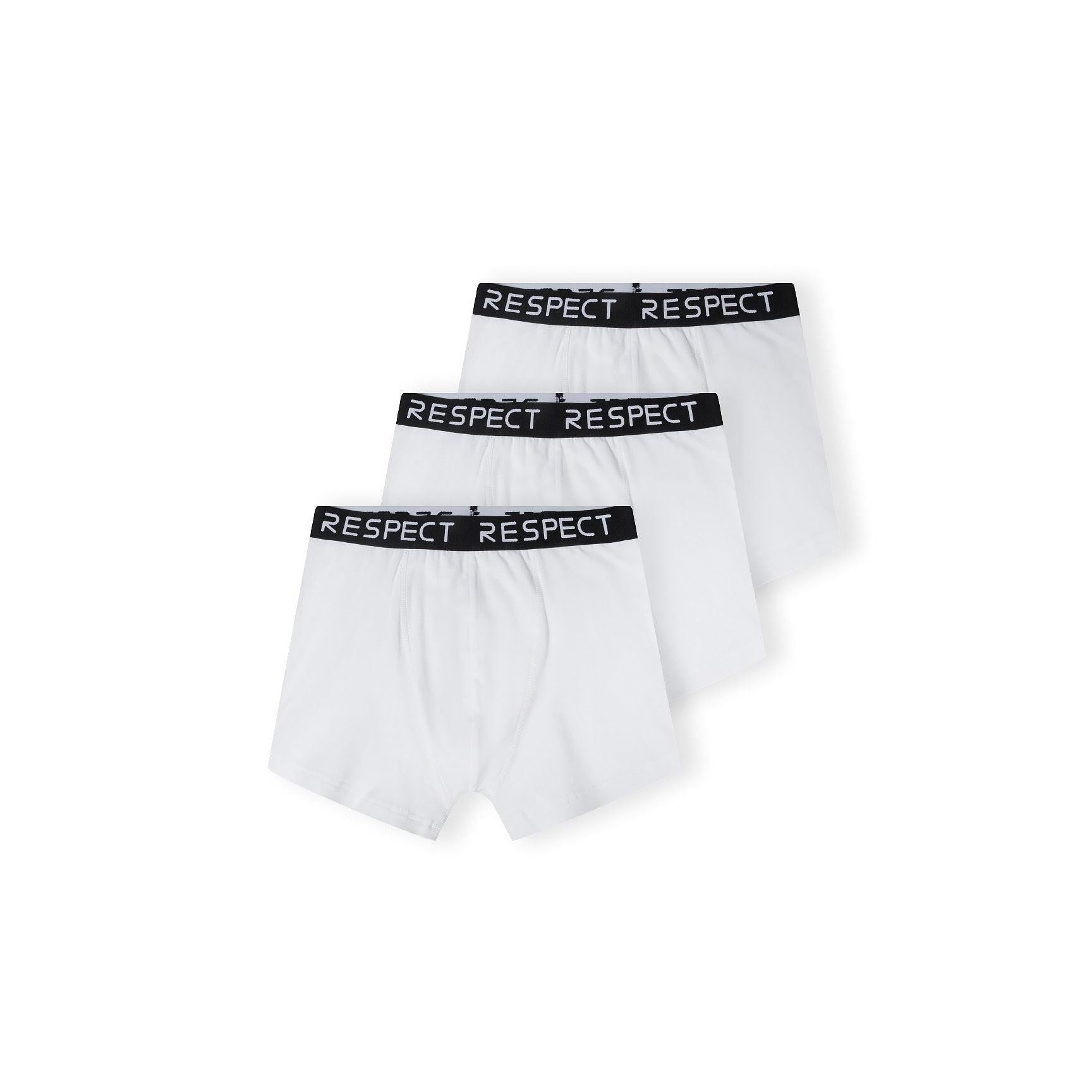 Three white boxers with black RESPECT waistbands arranged in a fan pattern against white background