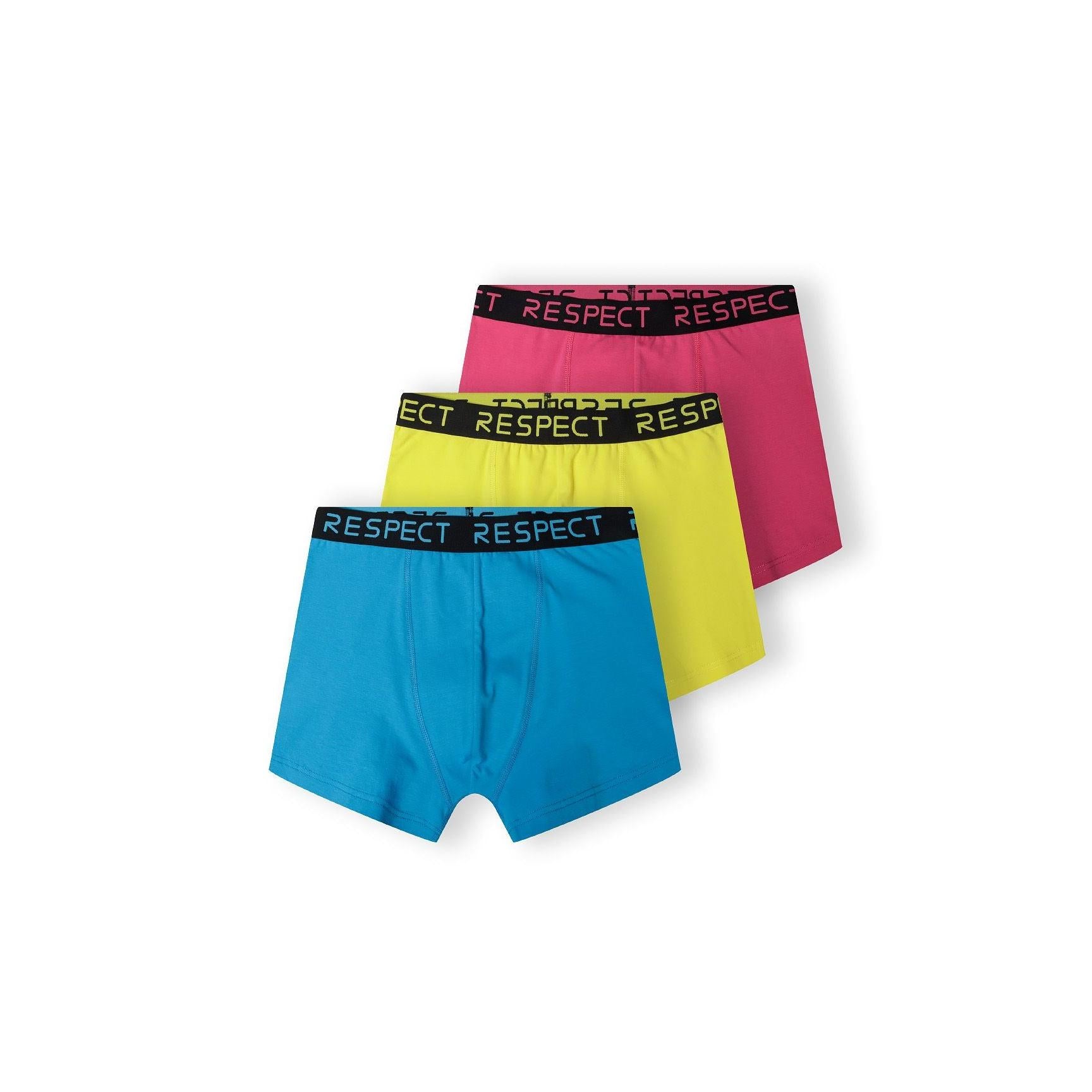 Three multicoloured cotton boxer shorts arranged in a fan layout showing blue, yellow and pink pairs with black RESPECT branded waistbands on white background