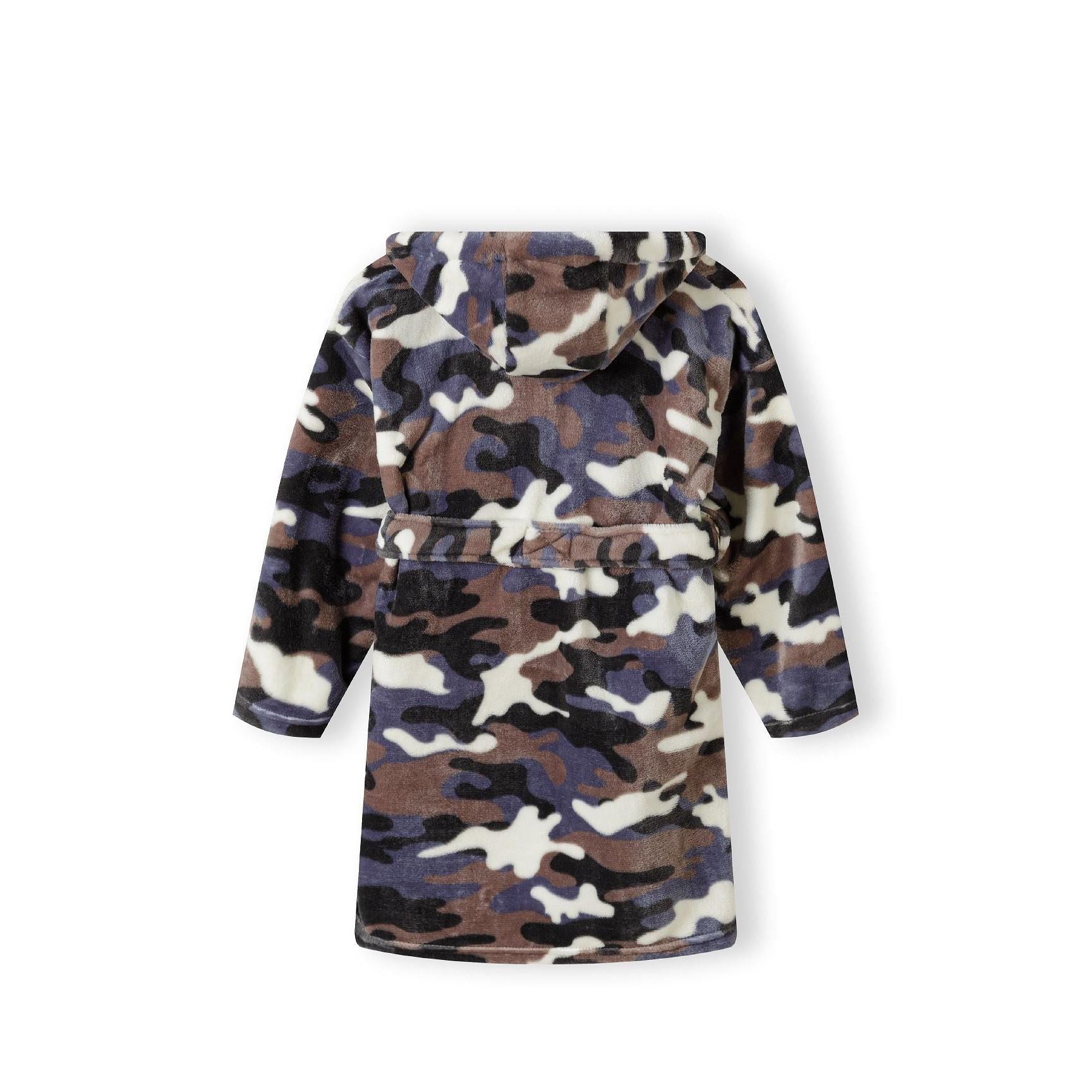 Back view of camouflage fleece bathrobe showing tie belt and hooded design on white background
