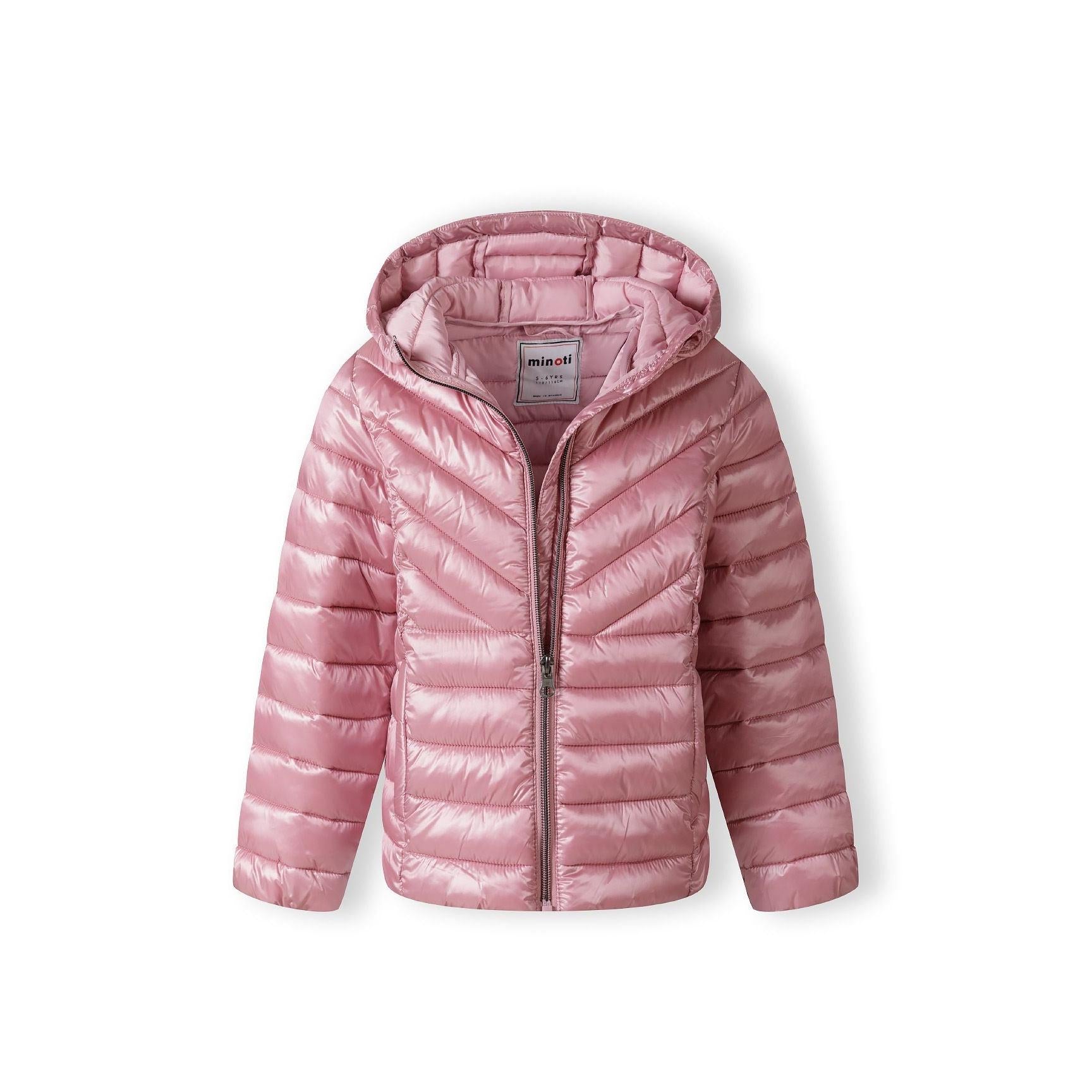 Pink quilted jacket laid flat showing hooded design, zip closure and Minoti brand label