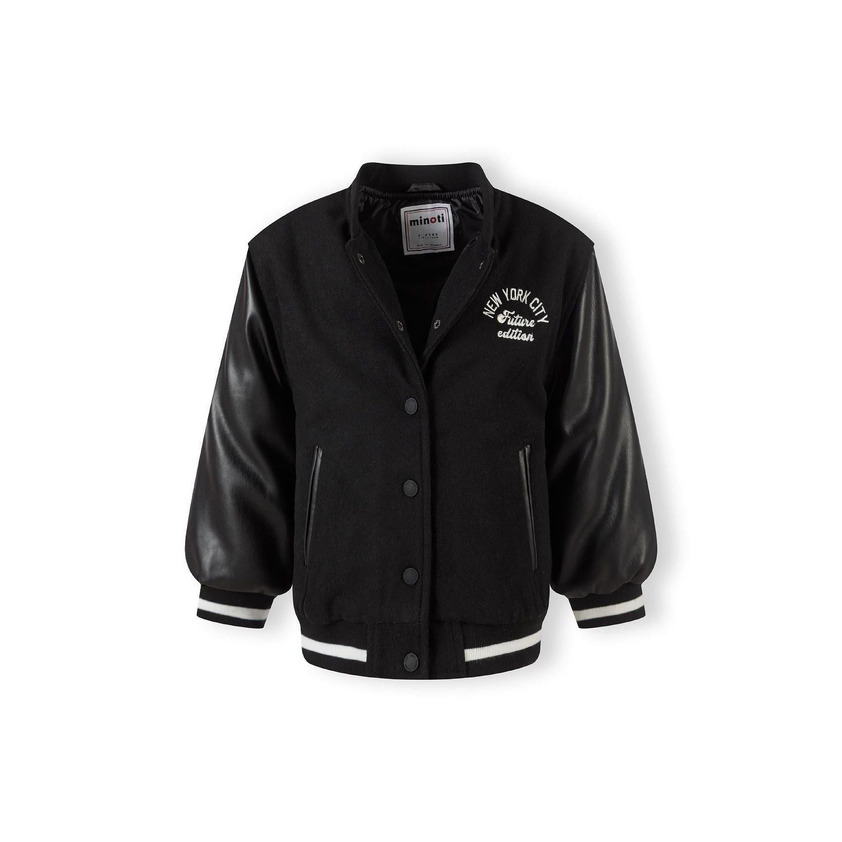 Black baseball jacket laid flat showing front view with New York City Future Edition print, button fastening, and contrast ribbed trims
