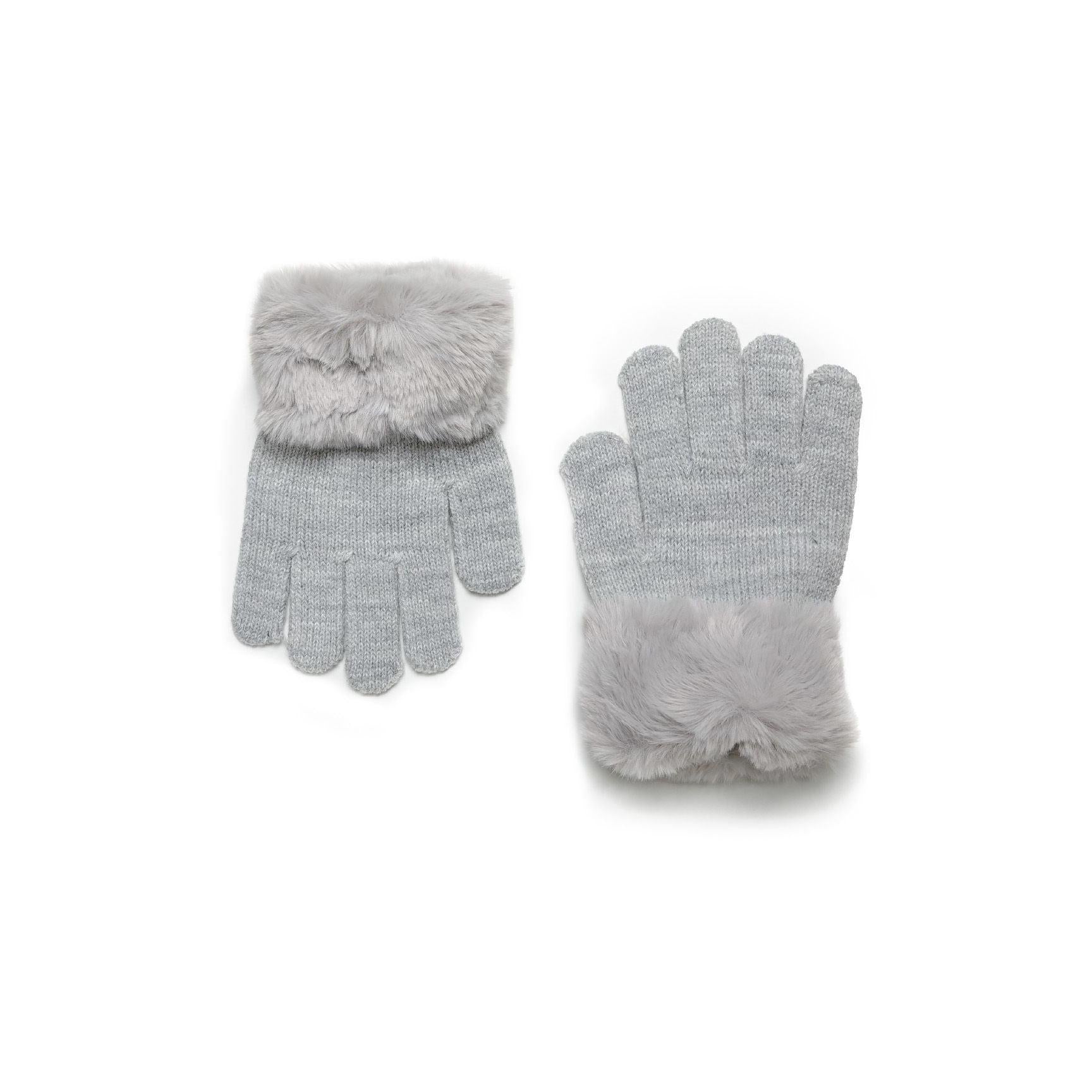 Detail view of grey knitted glove fabric texture with grey faux fur cuff showing construction quality