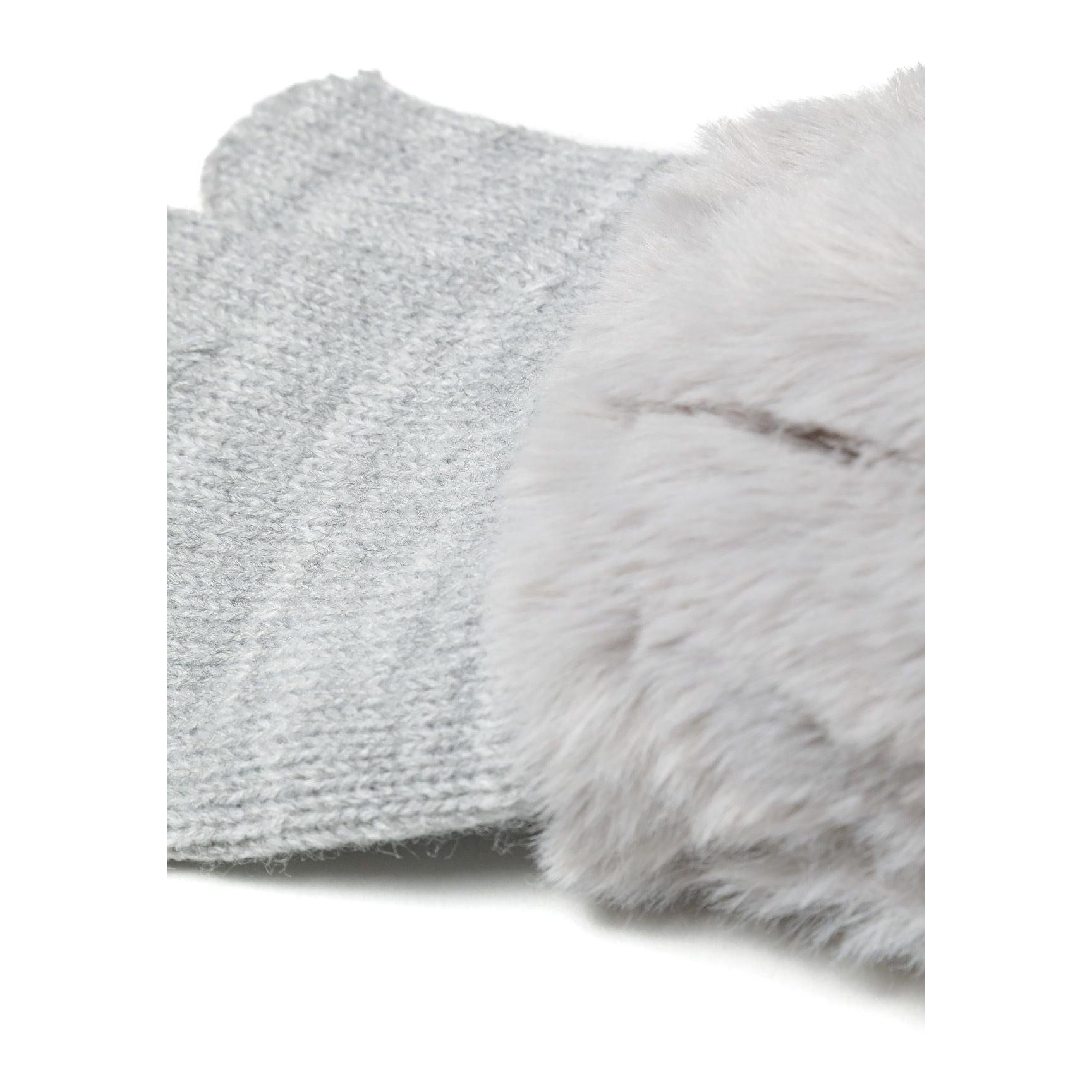 Detail view of grey knitted glove fabric texture with grey faux fur cuff showing construction quality