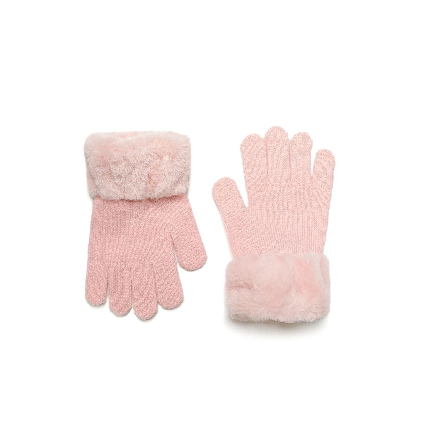 Pair of creamy beige knitted gloves with faux fur cuffs displayed on white background showing both palm and back views