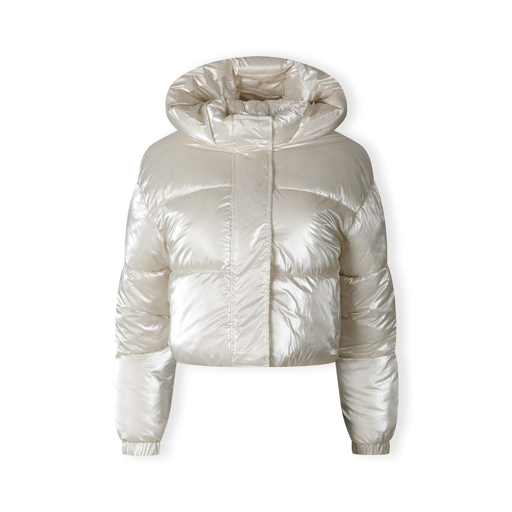 Cream metallic cropped padded jacket with hood on white background, front view showing quilted design and zip closure