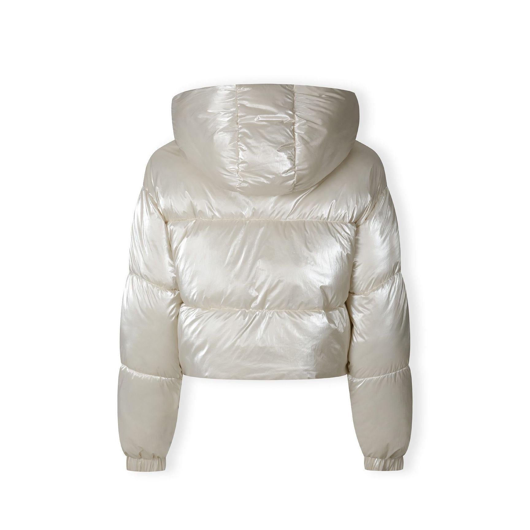 Front view of cream metallic padded jacket showing Respect brand label inside collar and zip detail