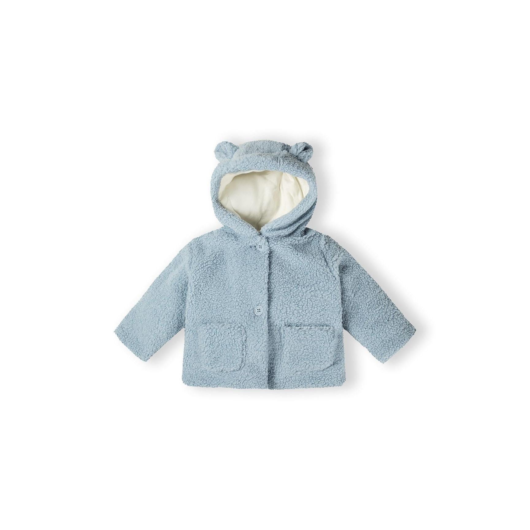 Light blue teddy fleece baby jacket with hood featuring bear ears, displayed flat on white background, showing button fastening and front pocket