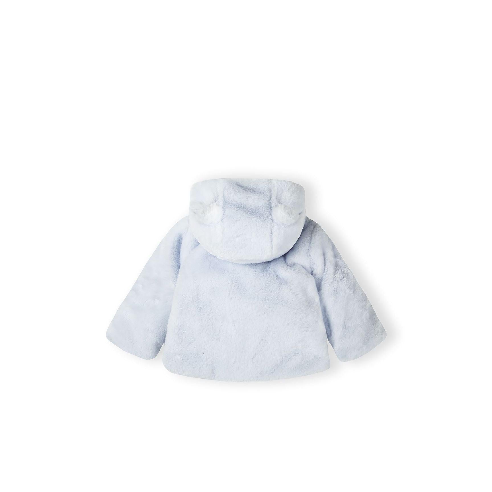 Back view of light blue baby jacket showing hood with bear ears and soft faux fur fabric on white background