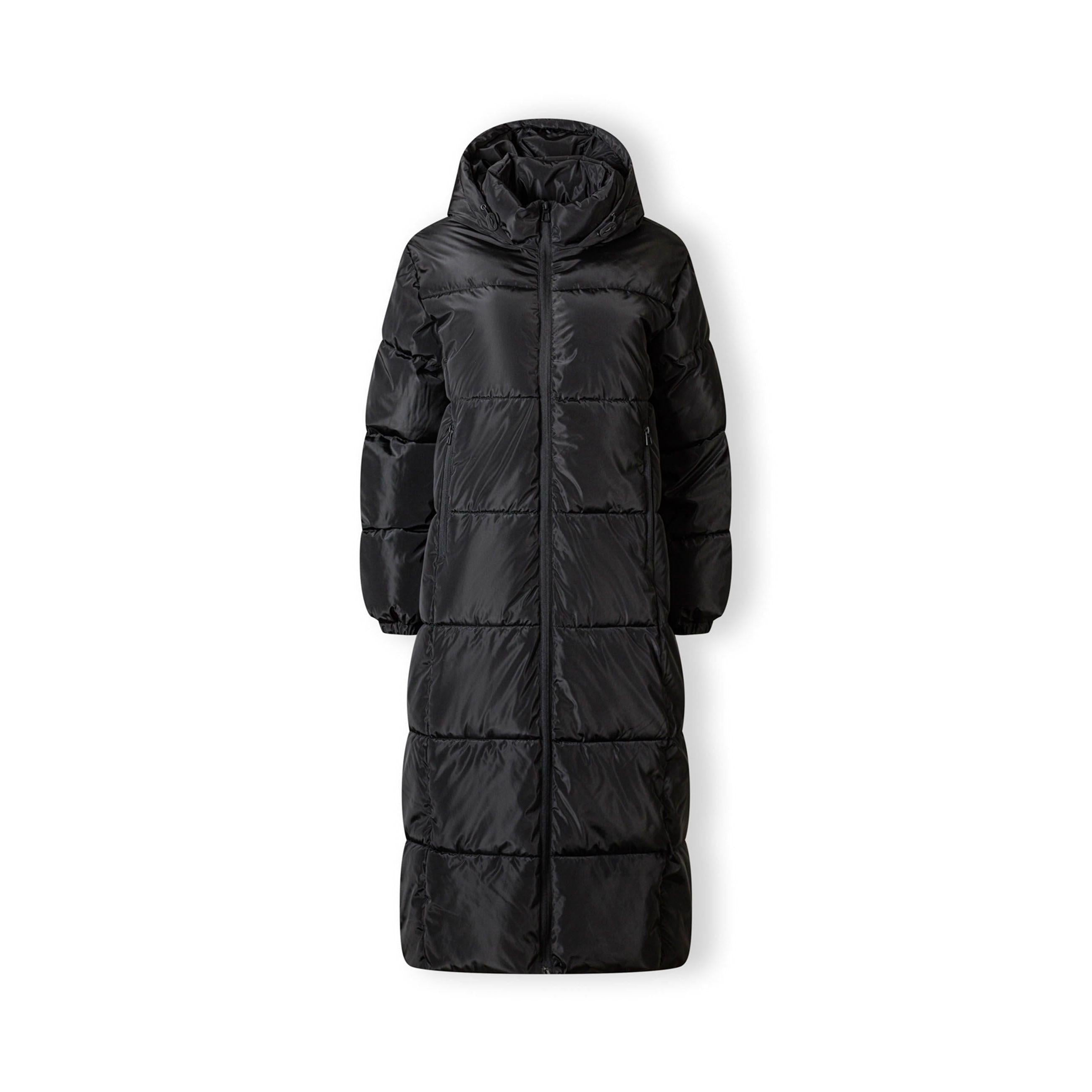 Long black quilted jacket laid flat showing full-length design, hood, and quilted pattern against white background