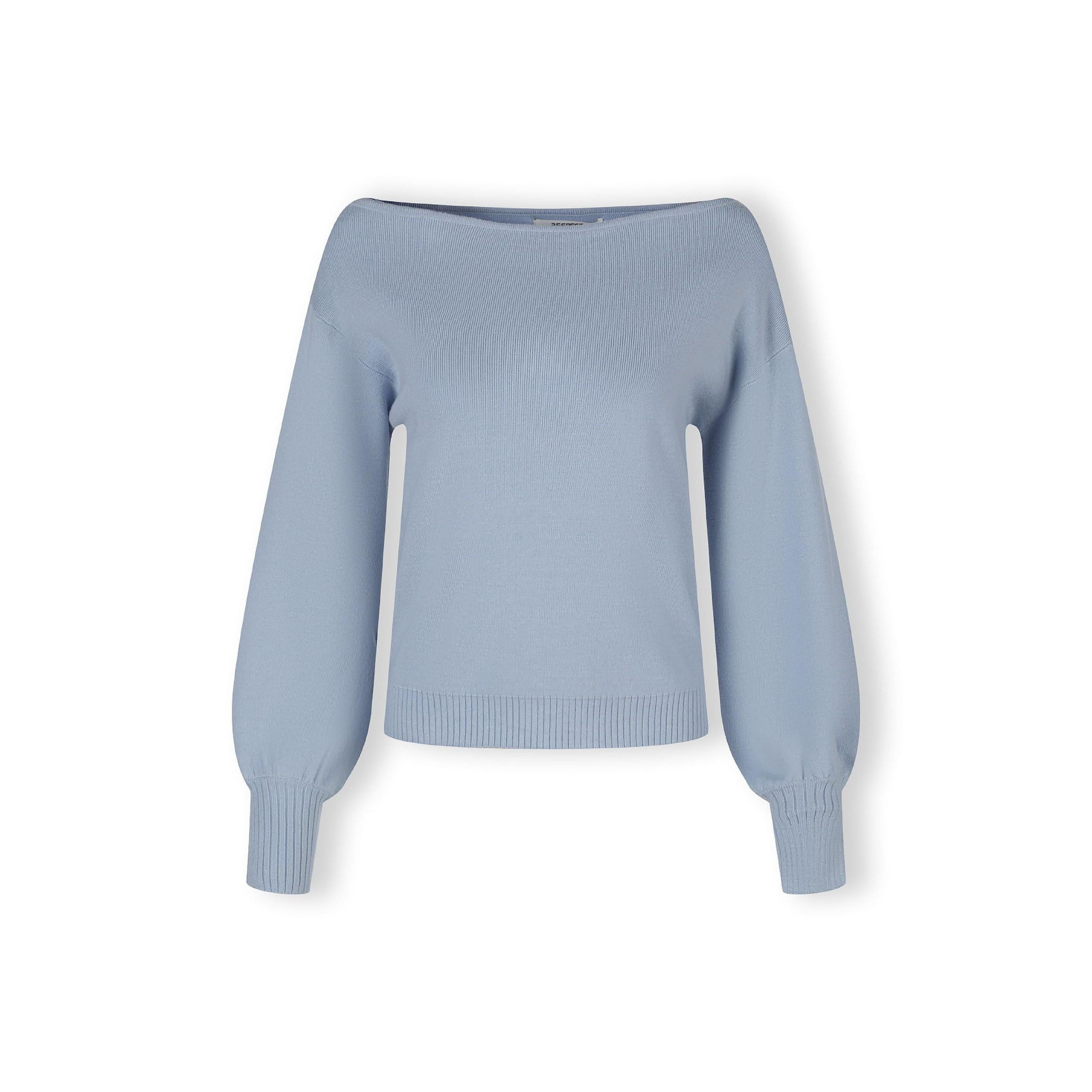 Light blue knitted jumper laid flat showing boat neckline, long sleeves with ribbed cuffs and relaxed silhouette on white background