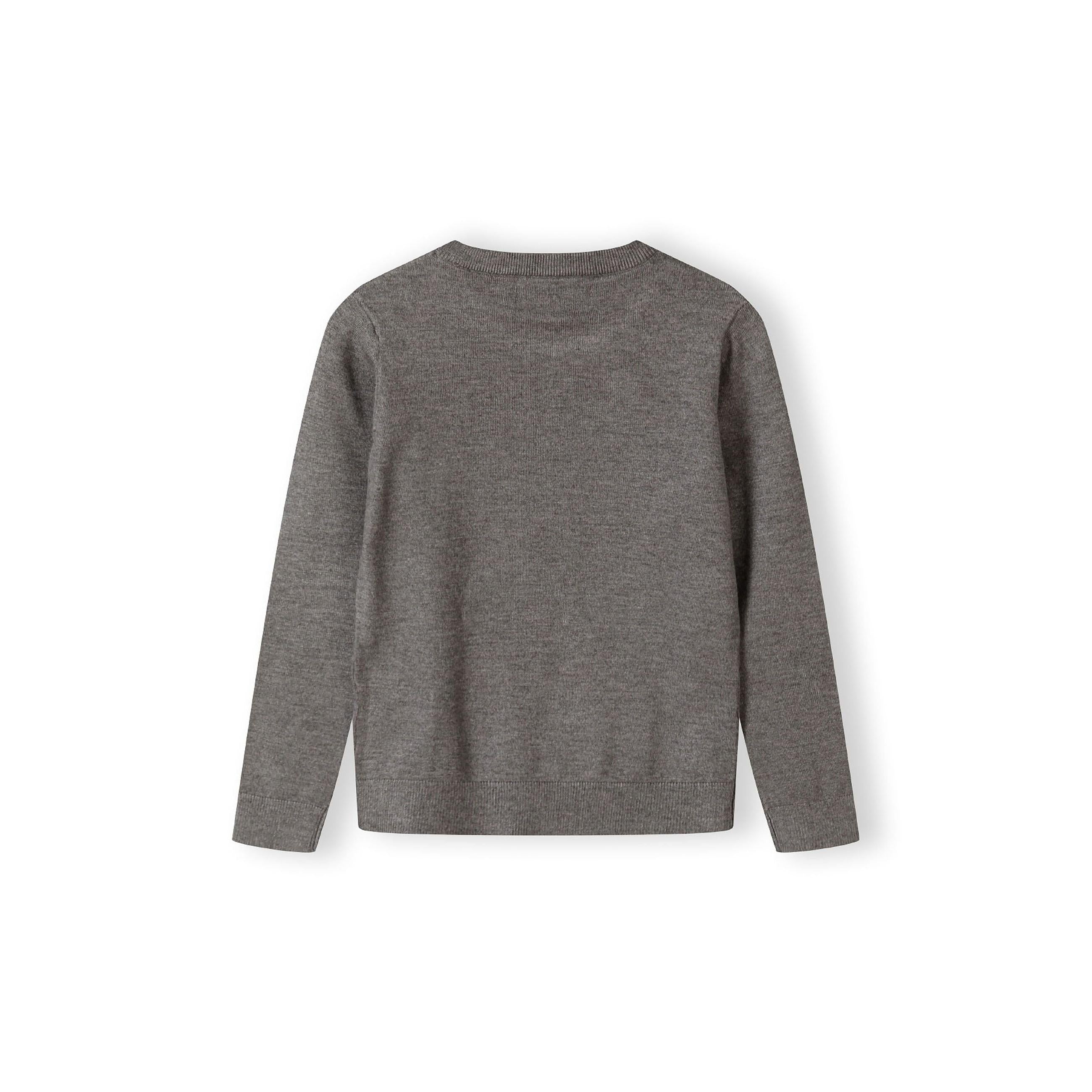 Back view of grey fine knit jumper showing plain design and ribbed hem detail on white background