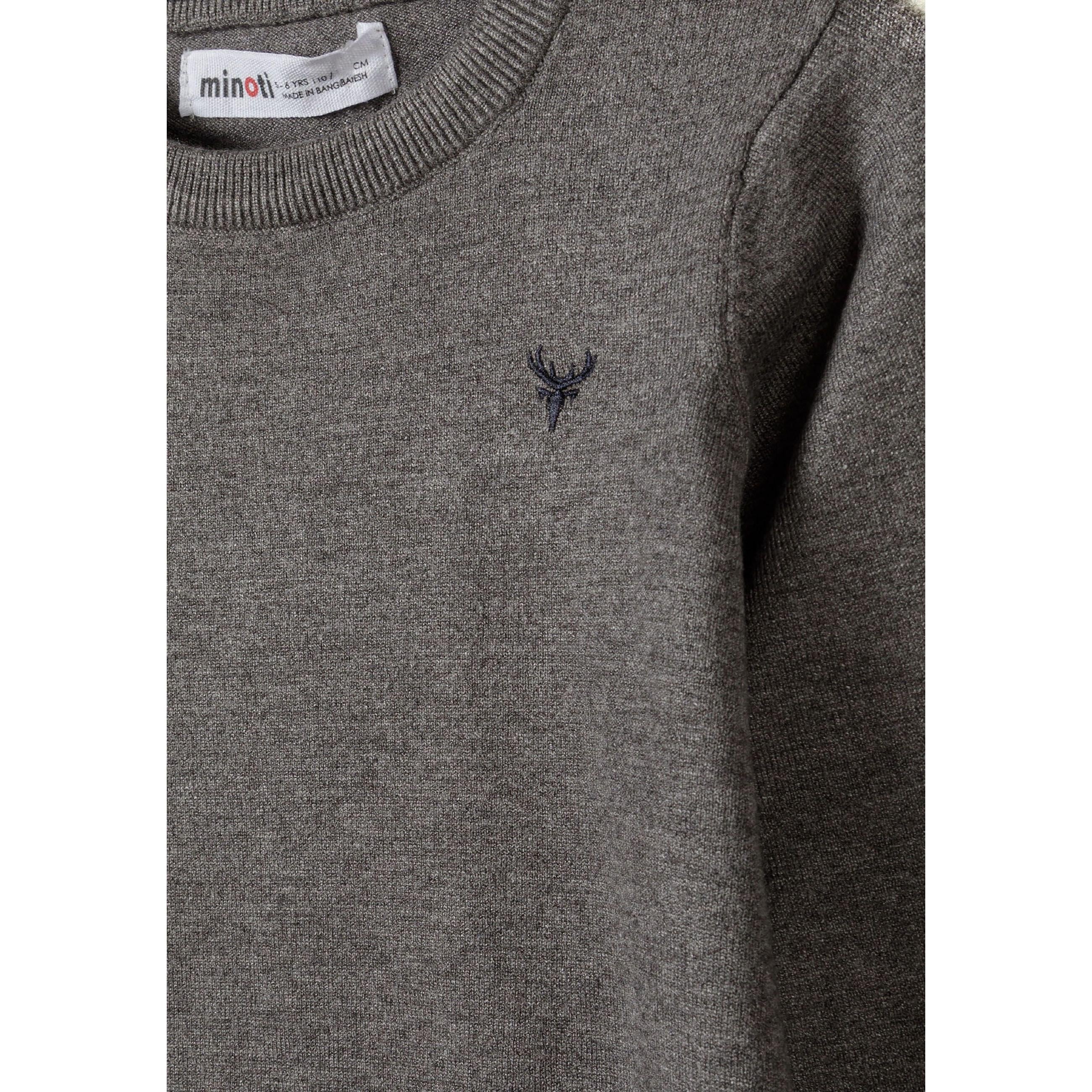 Close-up detail of grey jumper showing Minoti label, crew neck collar and small dark embroidered logo on chest
