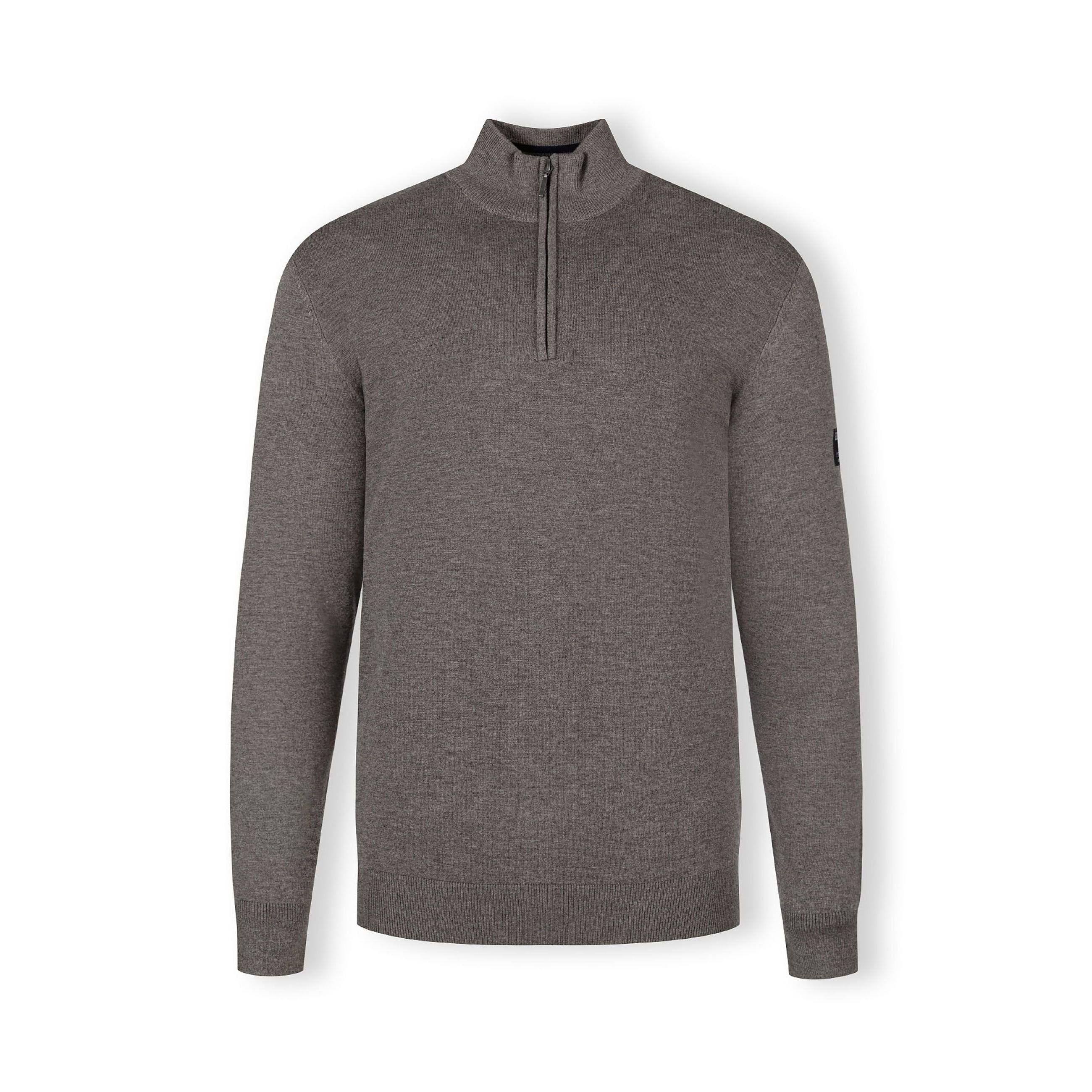 Grey half zip jumper laid flat showing full front view with ribbed collar, cuffs and hem detail on white background