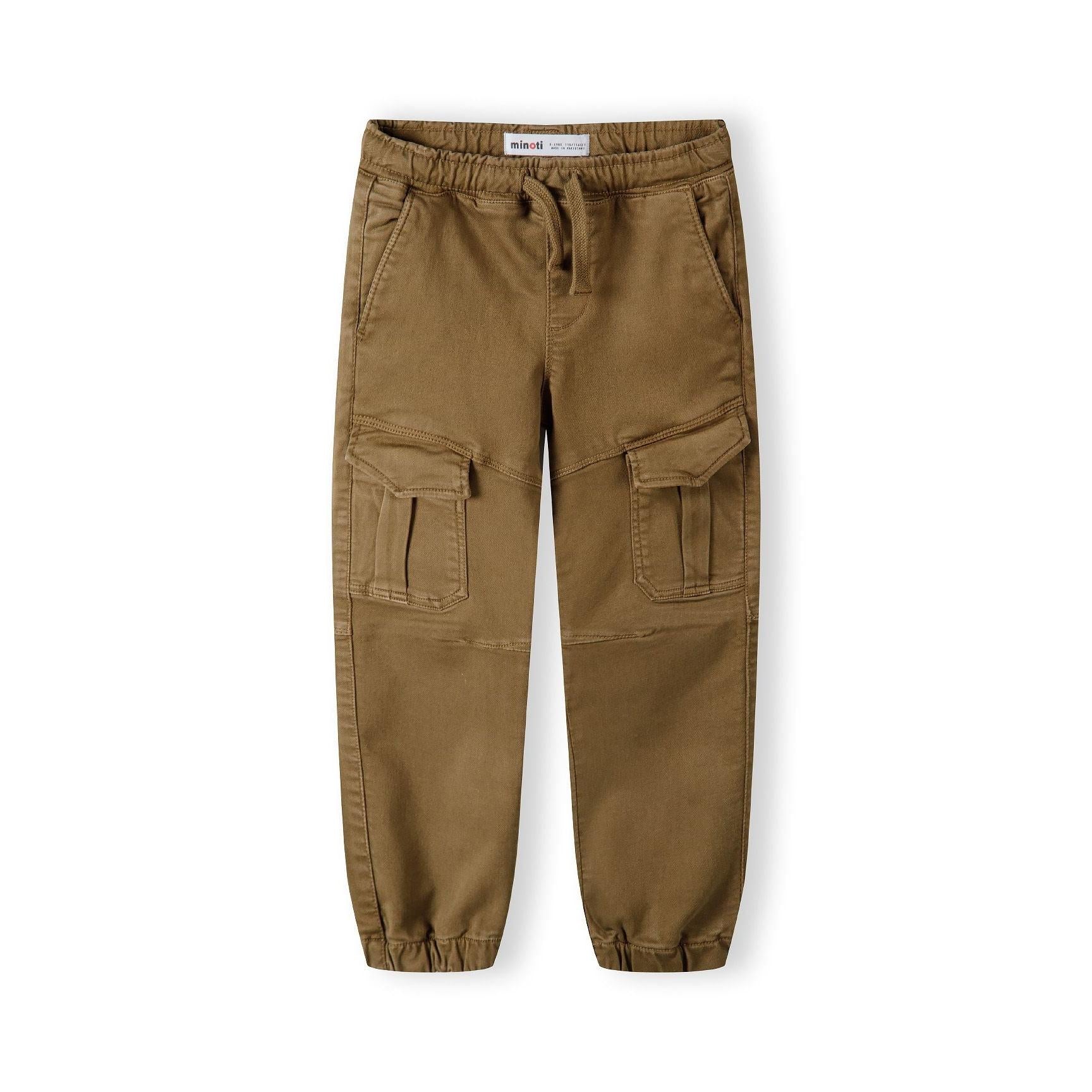 Back view of brown knitted cargo trousers showing elasticated waistband and rear pocket detail on white background