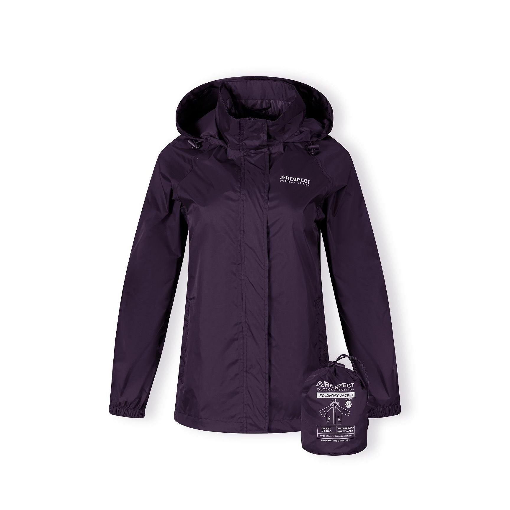 Purple packaway waterproof jacket laid flat showing full design, hood tucked into collar and overall silhouette