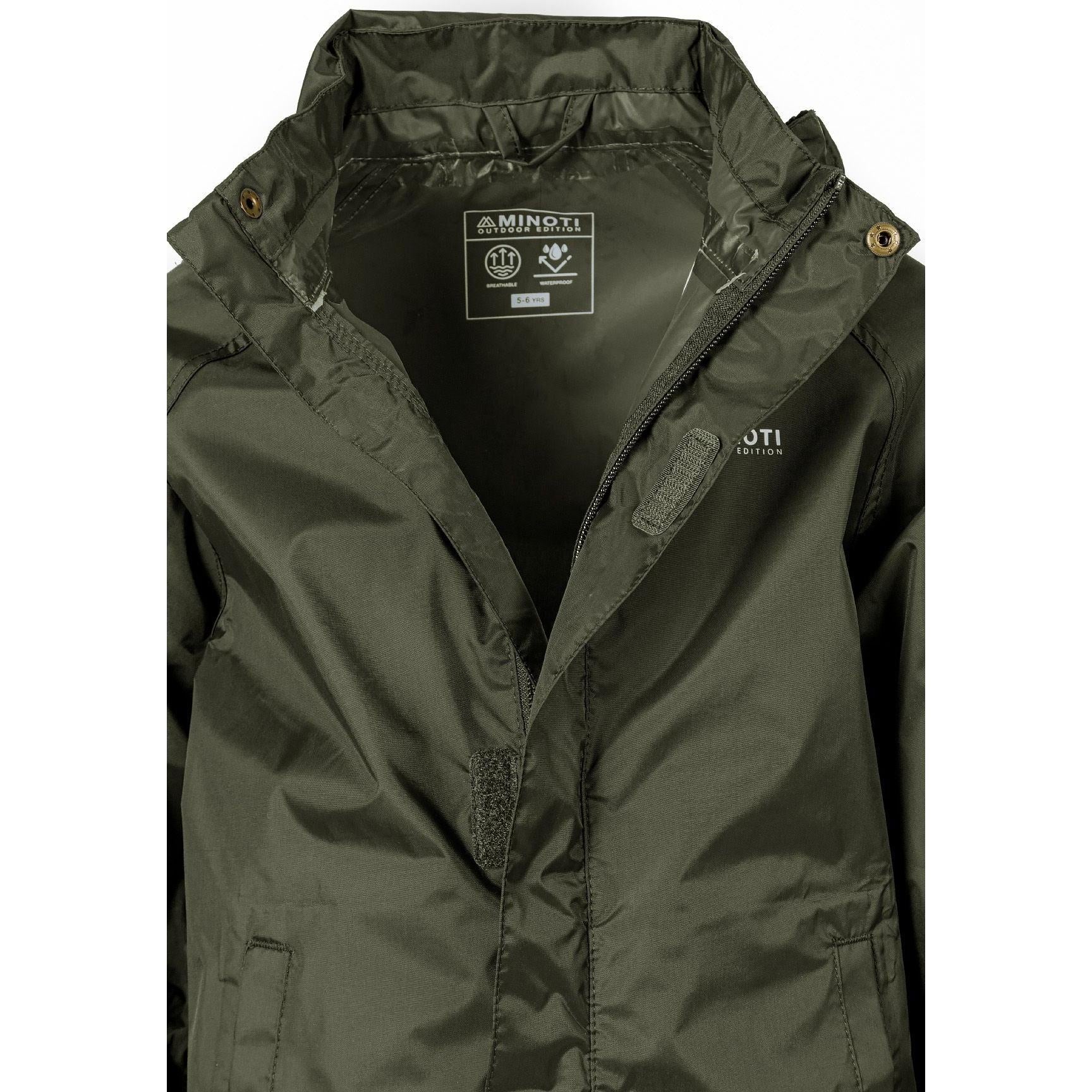 Close-up detail of khaki jacket's interior showing packaway storage pocket with zipper