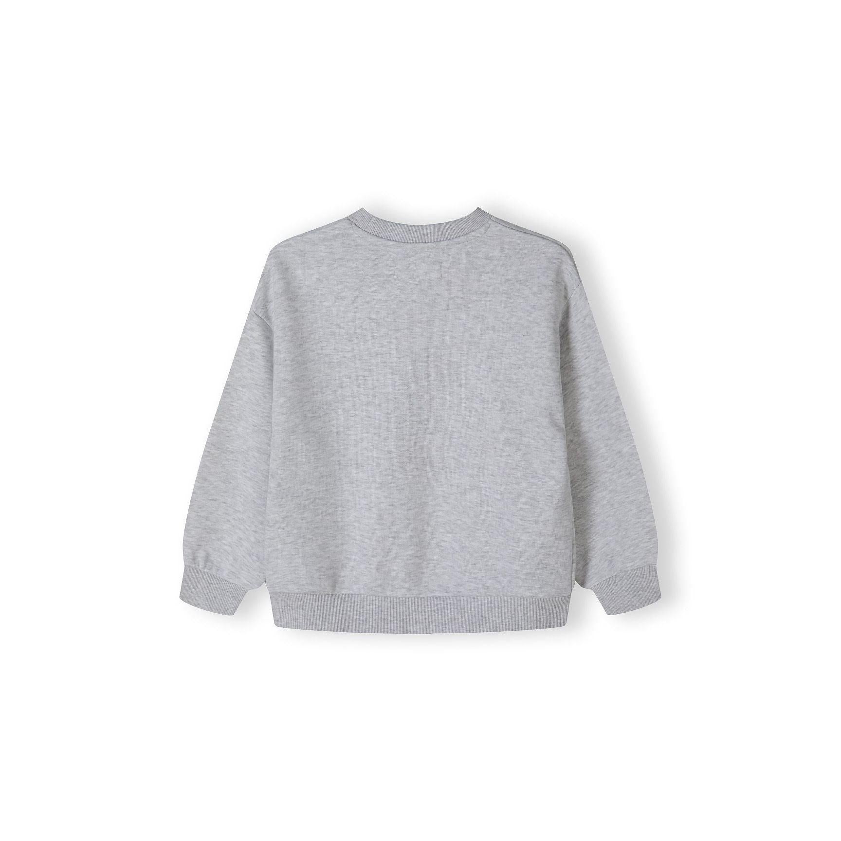 Back view of grey fleece sweatshirt showing plain design with ribbed crew neck, cuffs and hem on white background