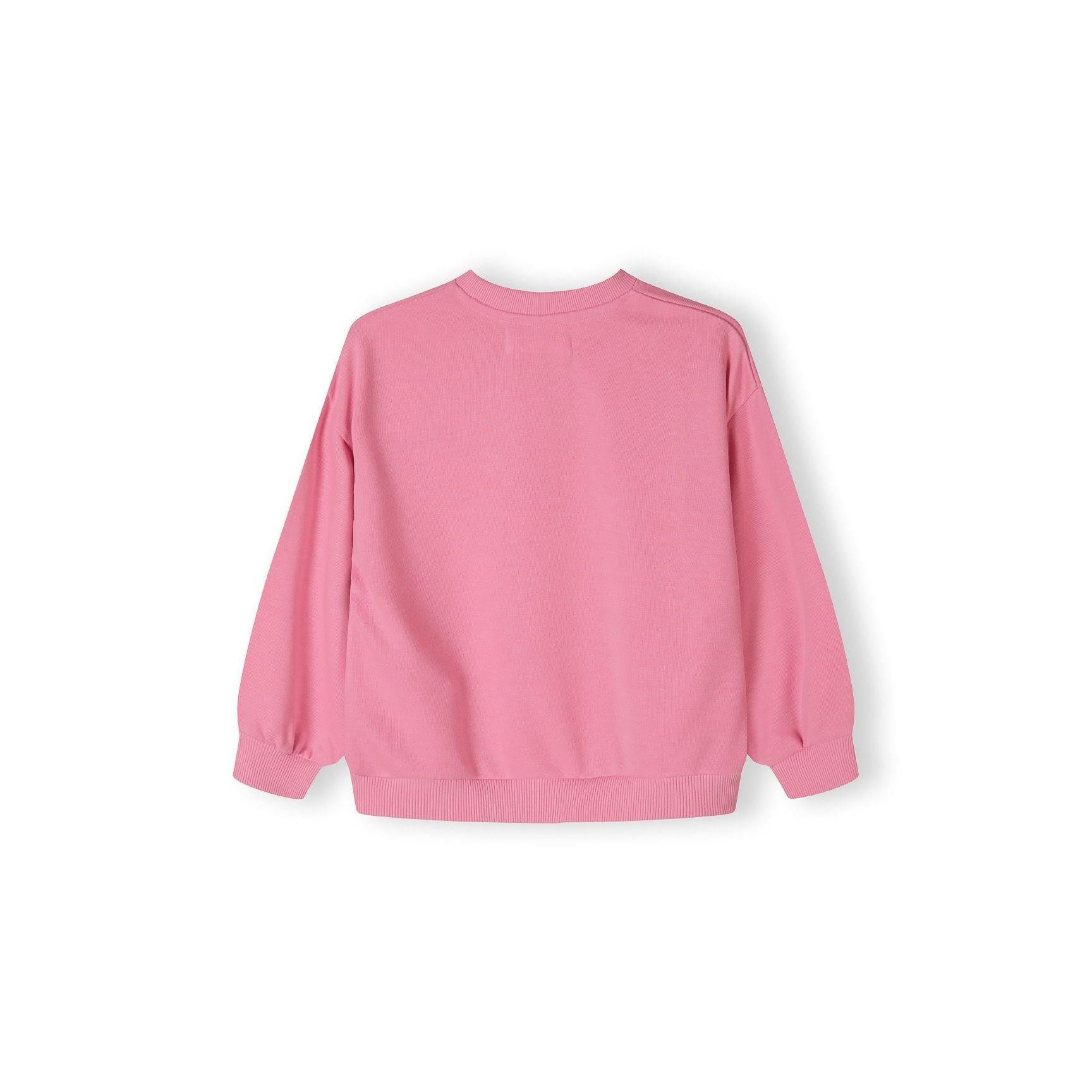 Back view of pink fleece sweatshirt showing plain design with ribbed collar and cuffs on white background