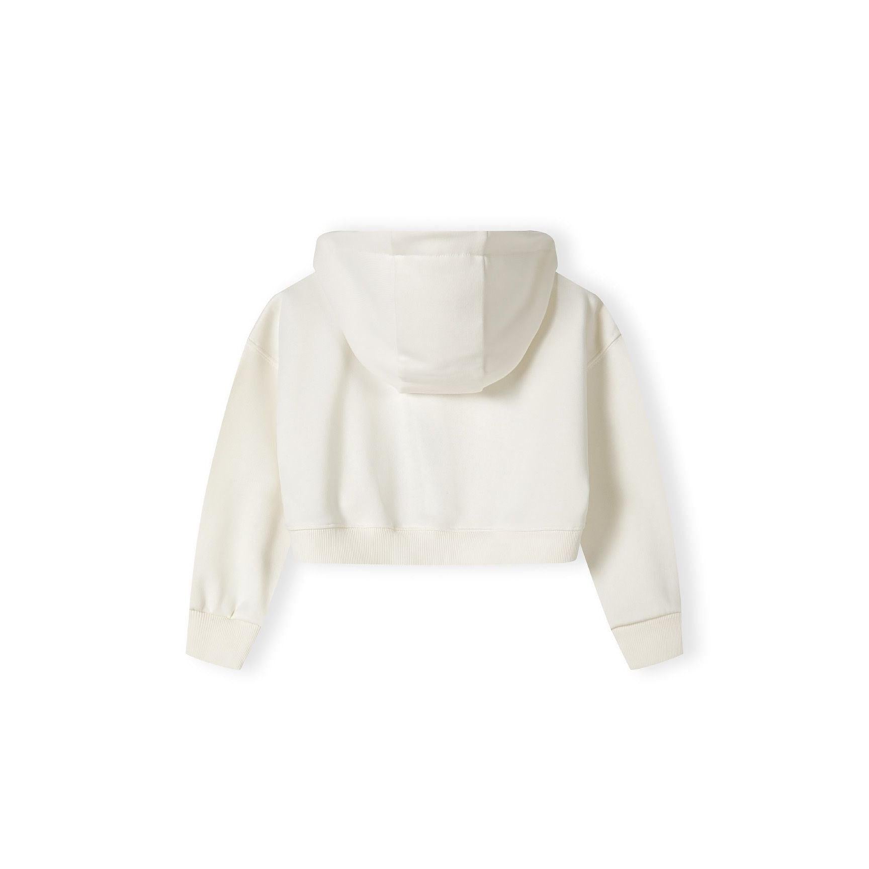 Back view of cream cropped hoodie showing hood detail and relaxed fit on white background