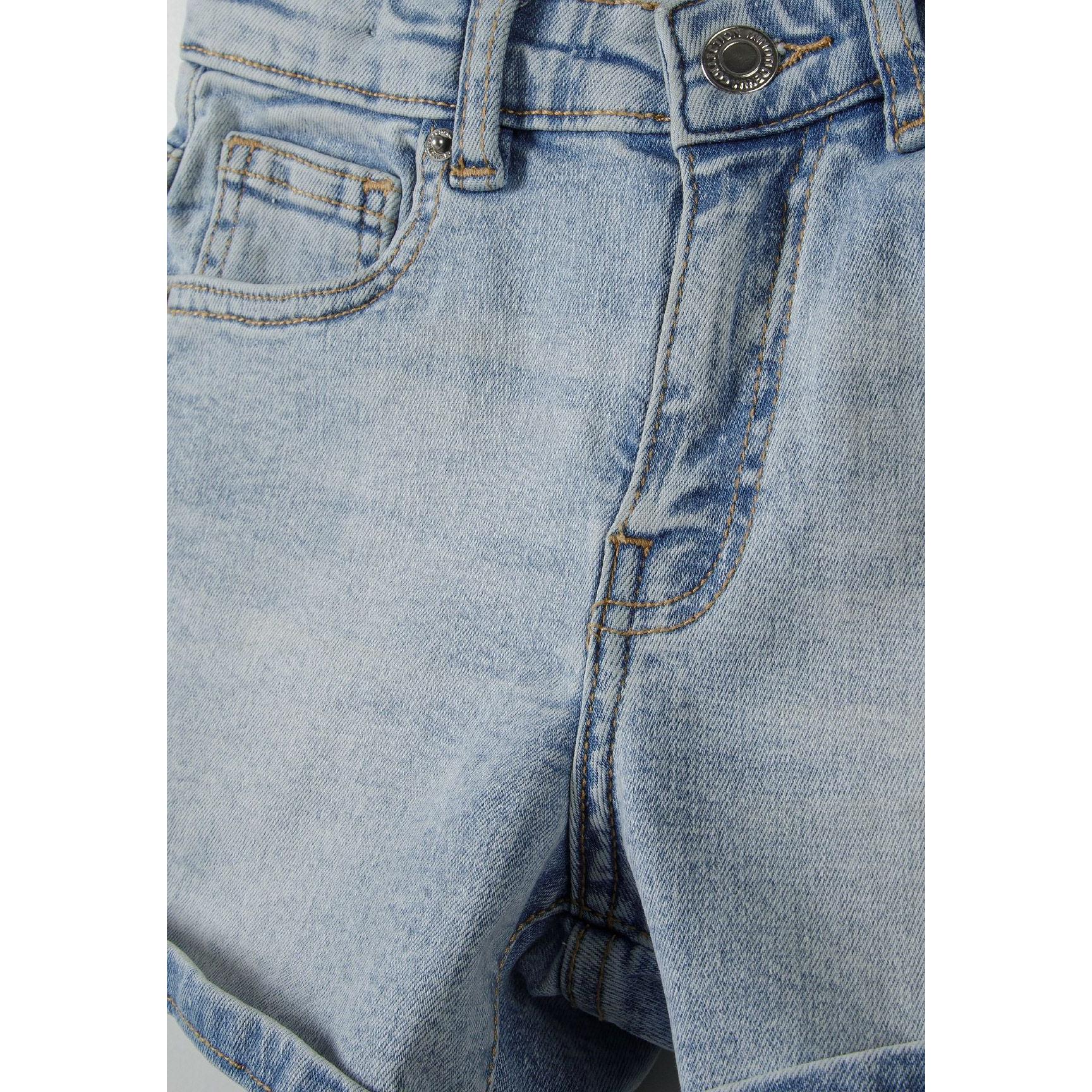 Close-up detail of light blue denim shorts showing front pocket, button closure and high waistband construction