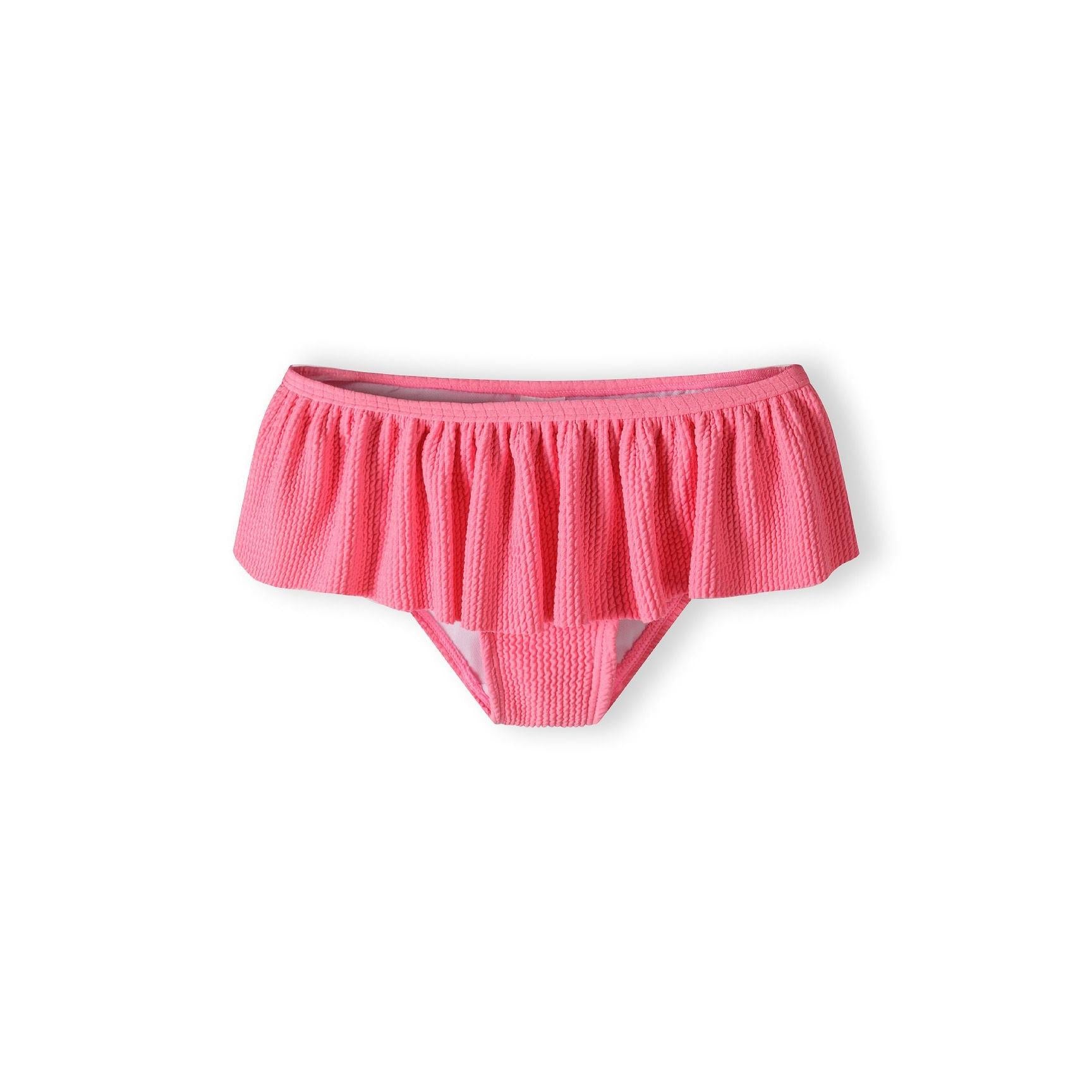Pink ruffled bikini bottom with gathered waistband detail on white background