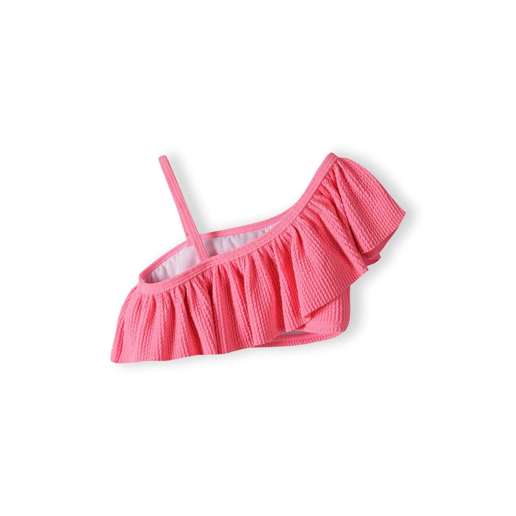 Pink ruffled bikini bottom showing full ruffle detail across waistband on white background