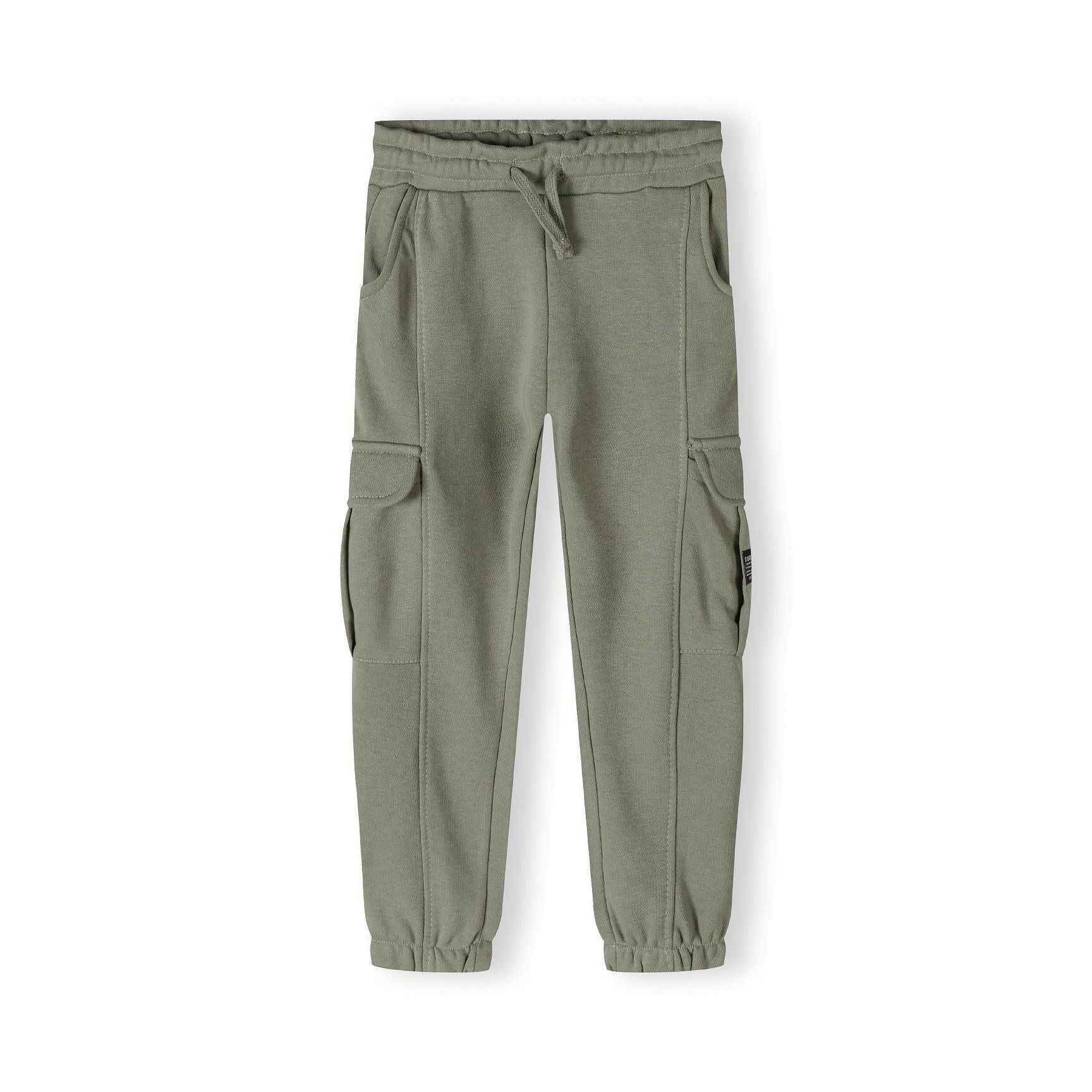 Flat lay of khaki cargo joggers showing elasticated waistband, side cargo pockets and cuffed ankles on white background