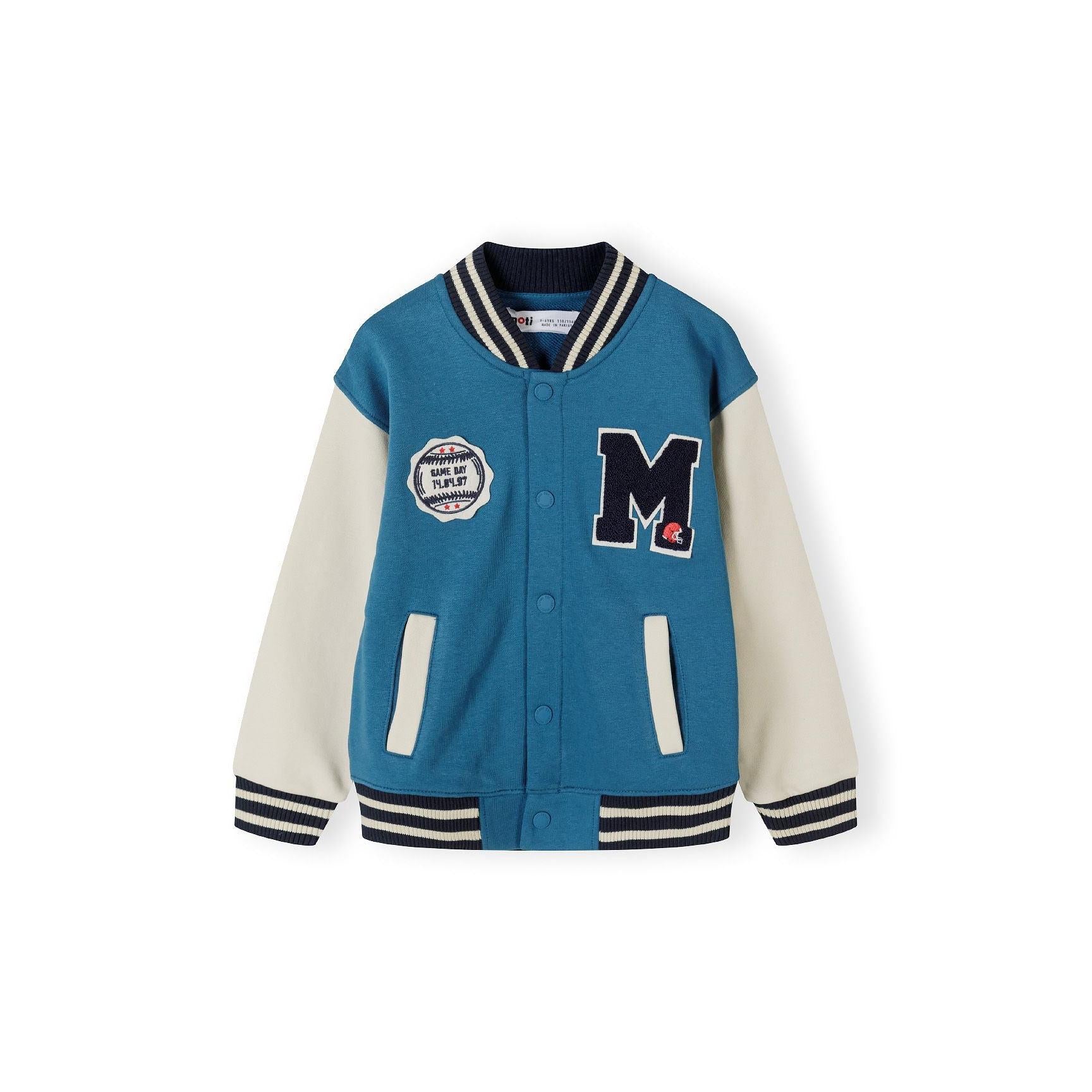 Back view of turquoise fleece baseball jacket showing ribbed collar and contrasting cream sleeves on white background