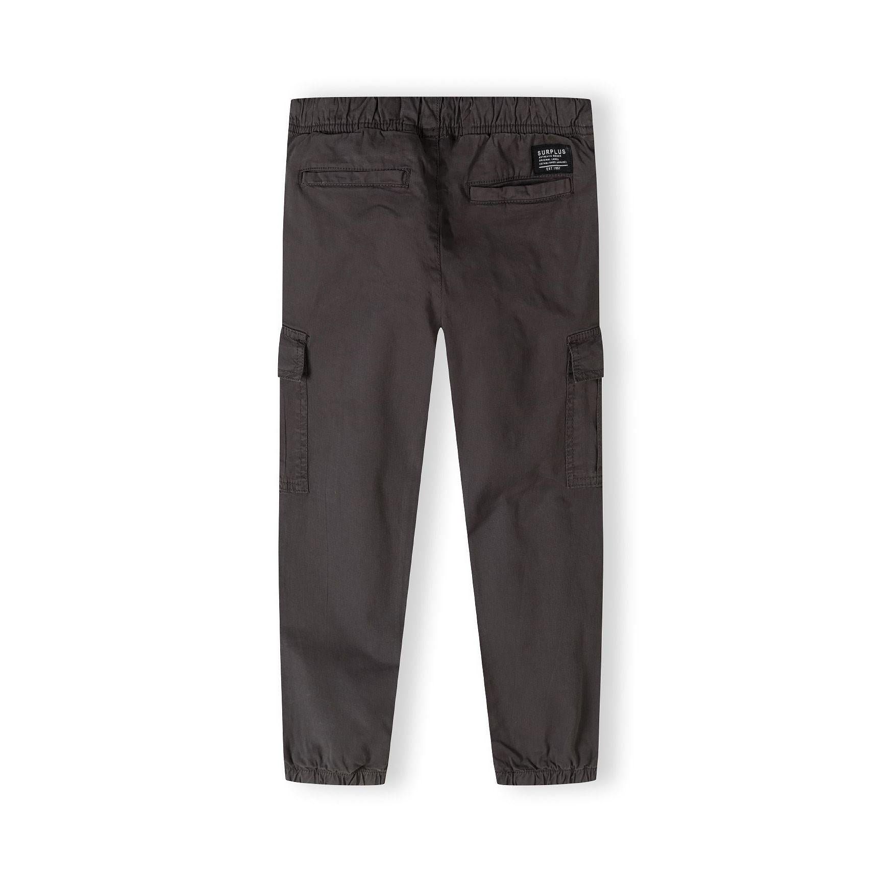 Back view of grey cargo trousers showing elasticated waistband, cargo pockets and tapered leg design