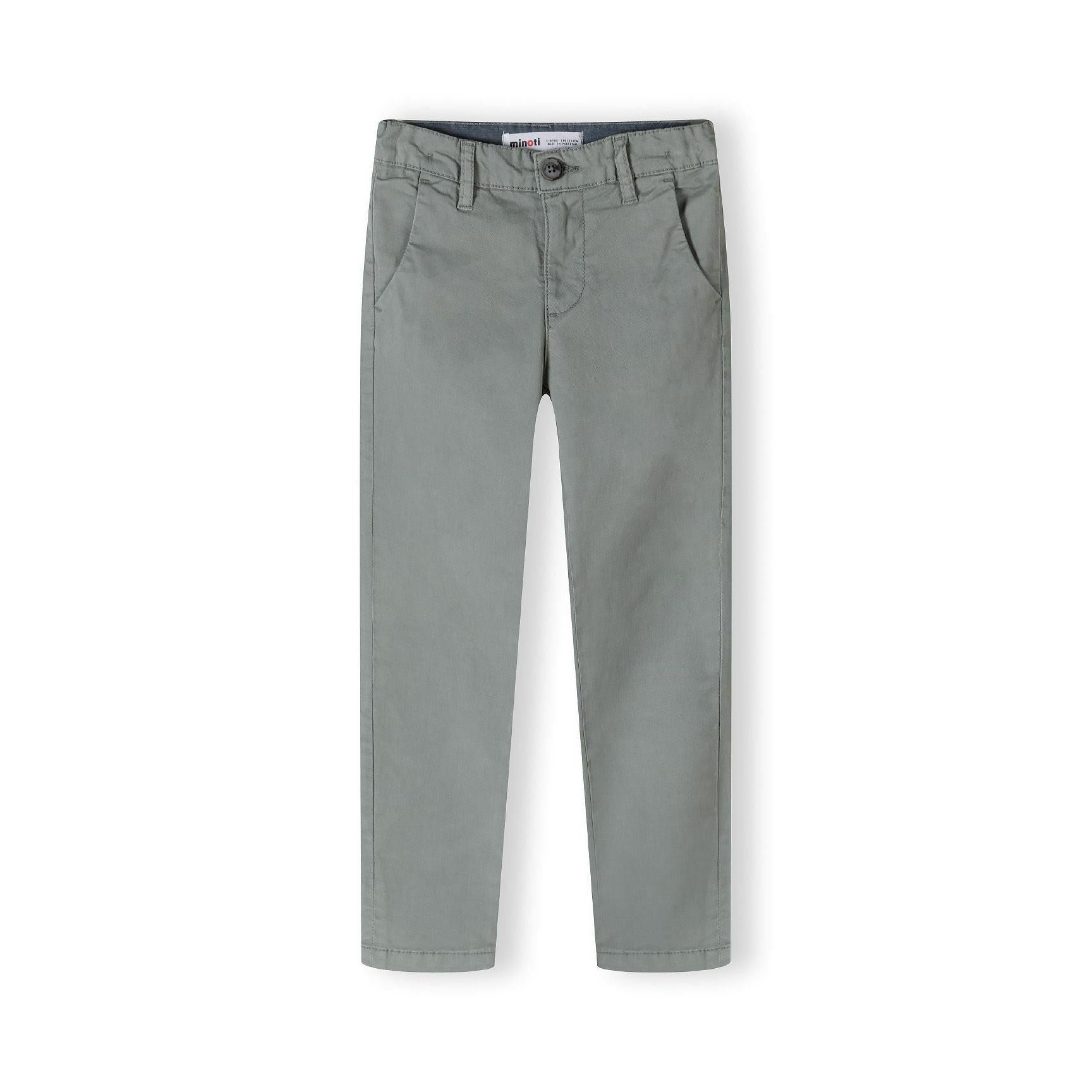 Flat lay view of grey chino trousers showing back design with belt loops and rear pockets on white background