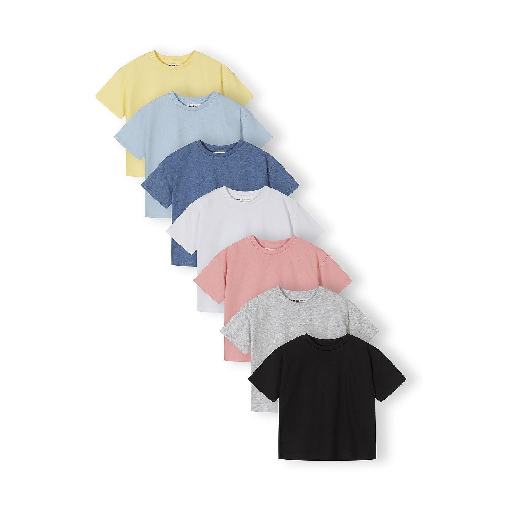 Seven cotton t-shirts arranged in a fan display showing all colours: yellow, light blue, navy, white, pink, grey and black against white background