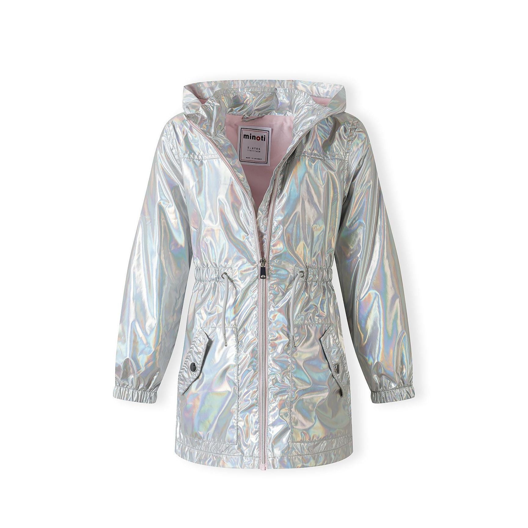 Close-up detail of silver iridescent rain jacket fabric showing the shimmery holographic effect, drawstring waist, and cargo pocket with snap closure