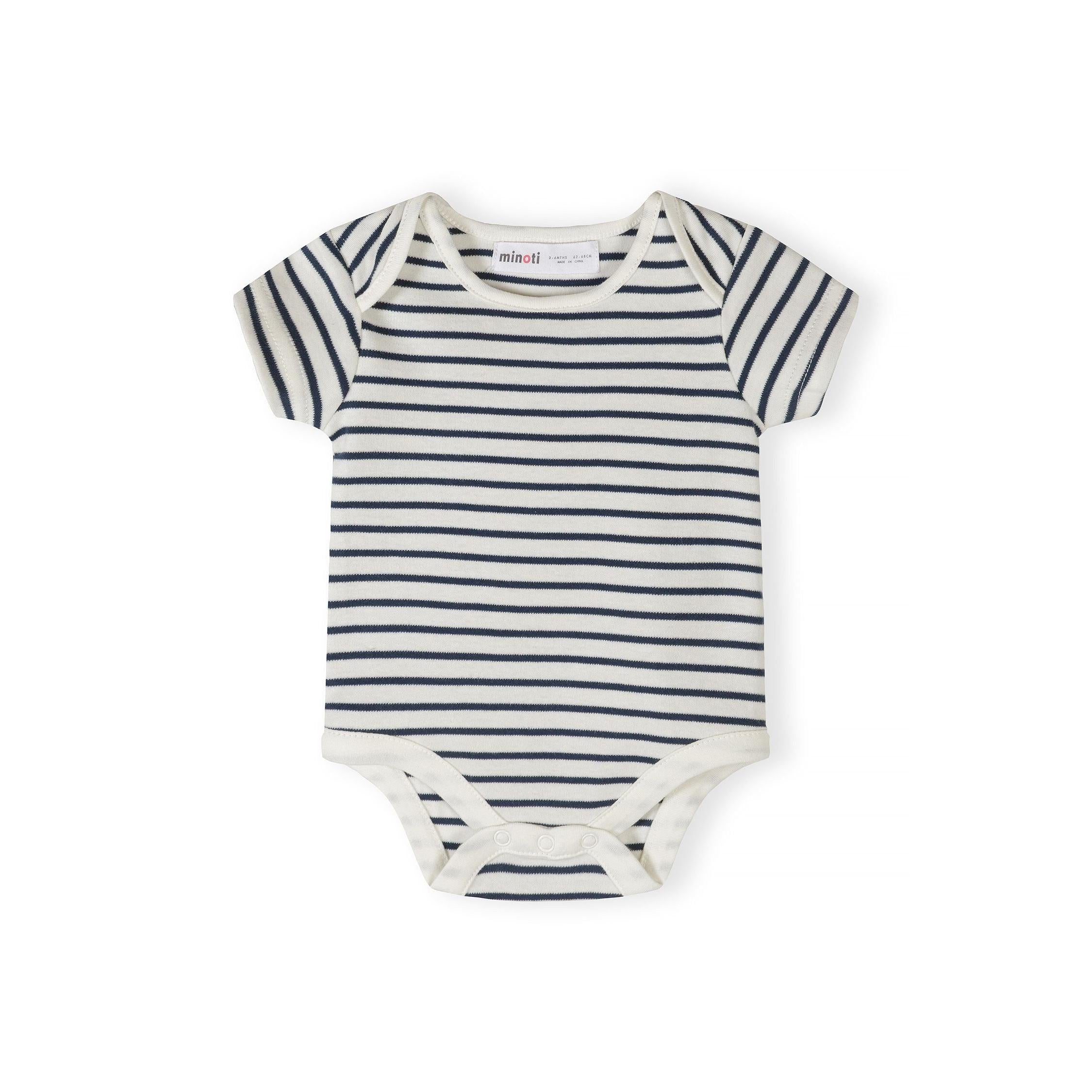 Single striped bodysuit in navy and white horizontal stripes laid flat on white background showing Minoti label at neckline
