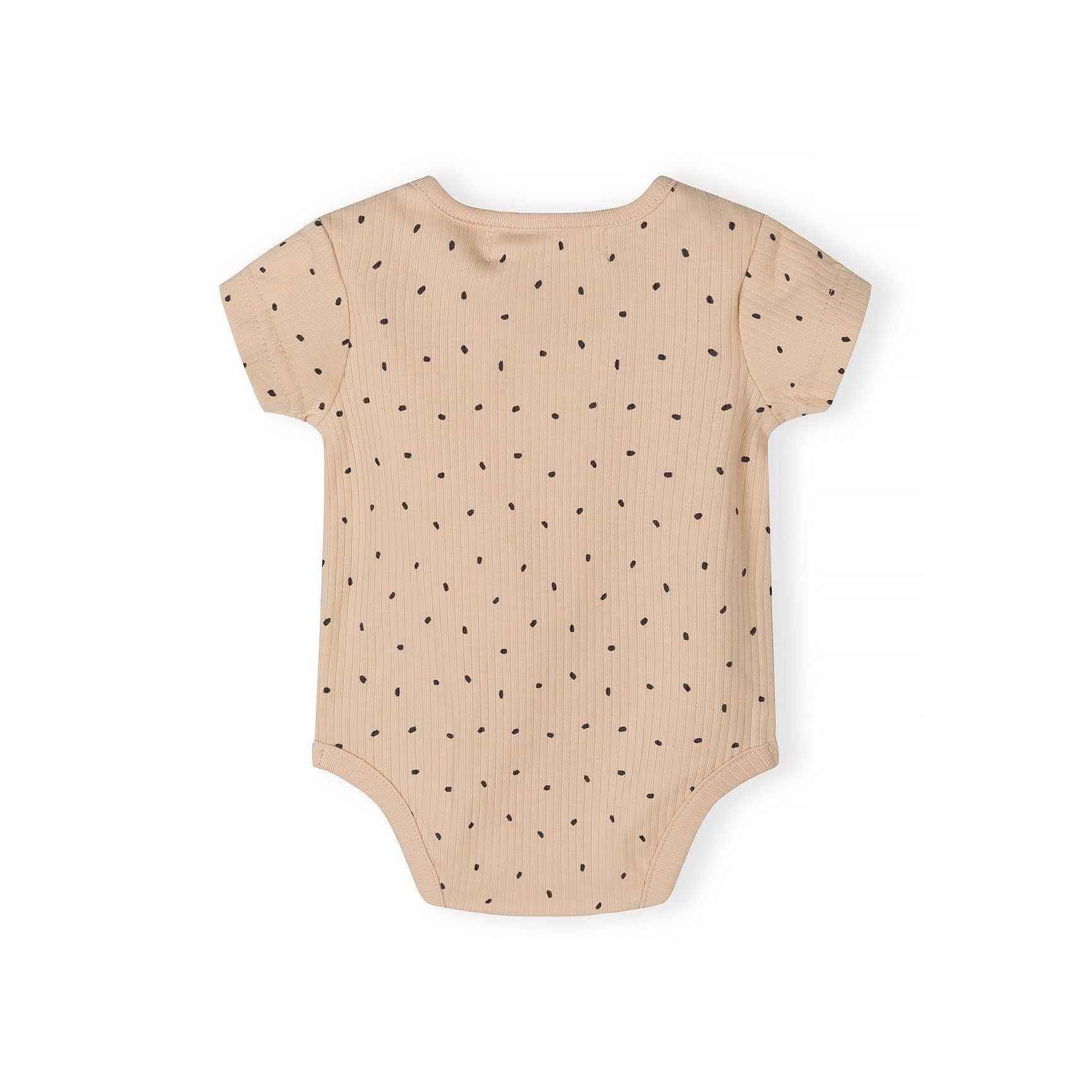 Detail view of cream and brown striped bodysuit showing 'big smiles' embroidered text and Minoti label at collar