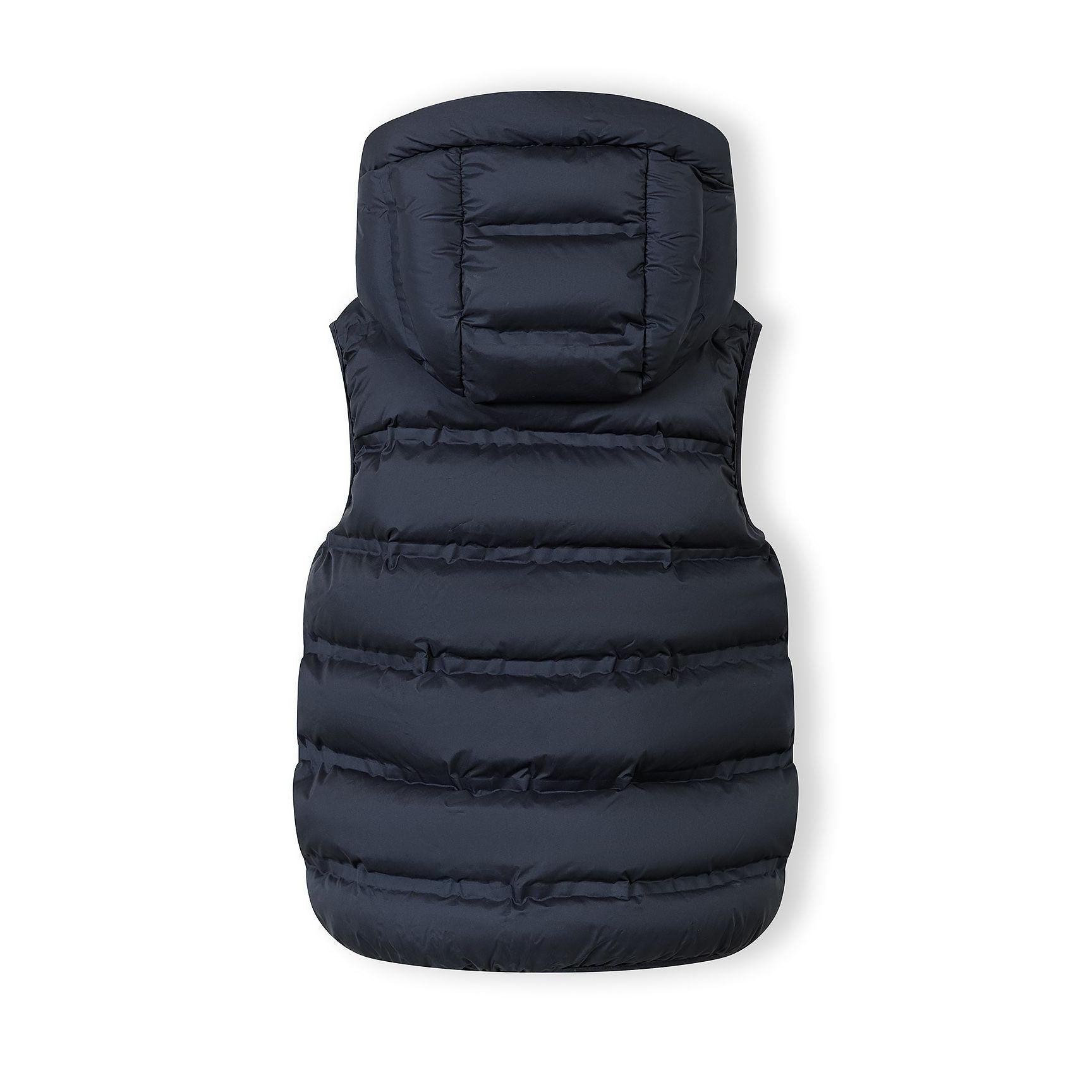 Flat lay view of navy blue quilted gilet showing full length design, padded construction and fixed hood against white background
