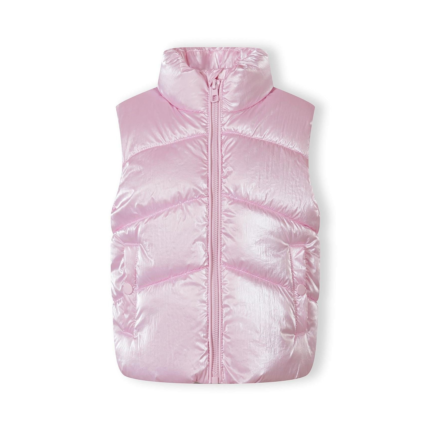 Front view of metallic pink padded gilet on white background showing quilted design and zip closure