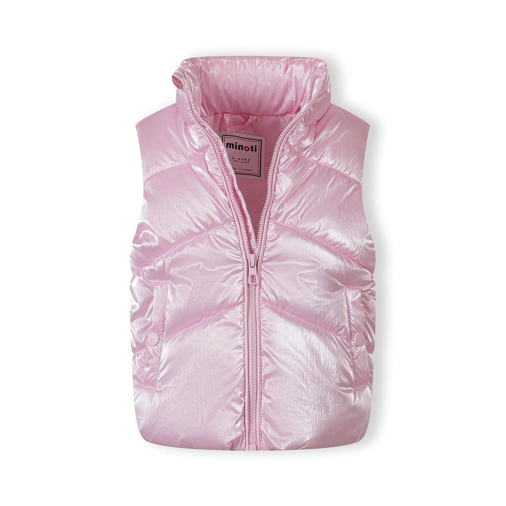 Front view of metallic pink padded gilet showing Minoti brand label at neck on white background