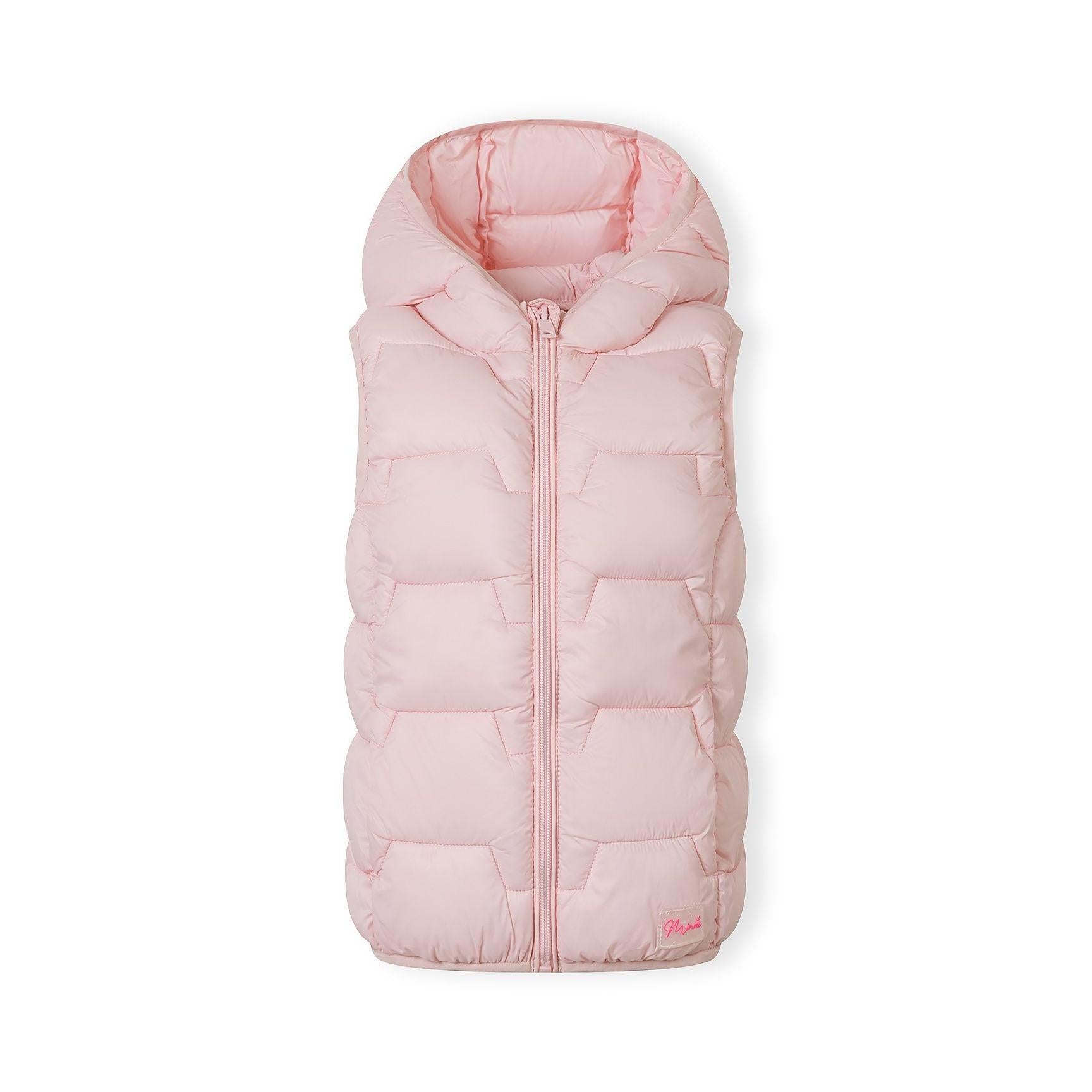 Pink quilted gilet laid flat showing front view with hood and quilted pattern on white background