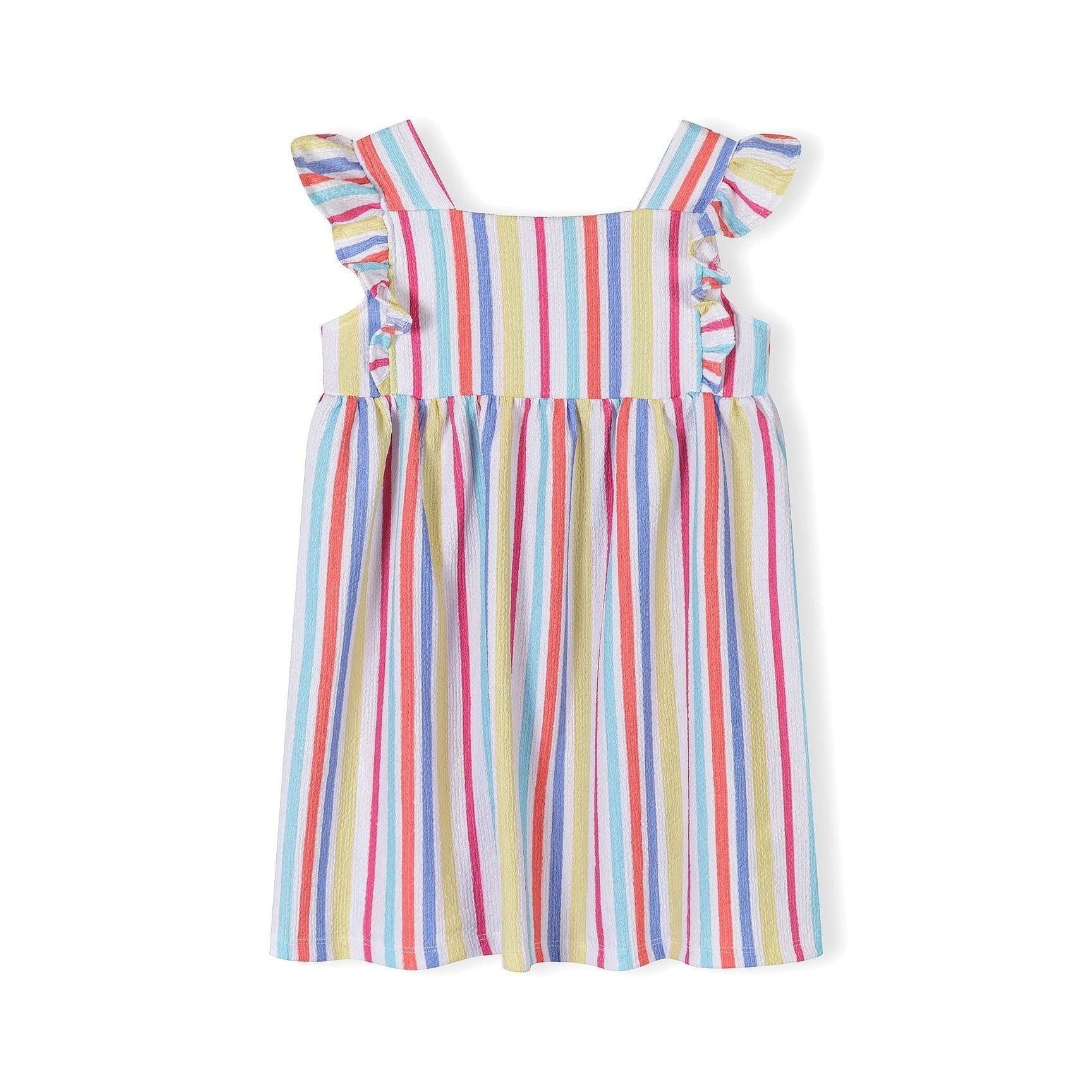 Flat lay of multicolour striped sleeveless dress showing flutter sleeve details and full silhouette against white background