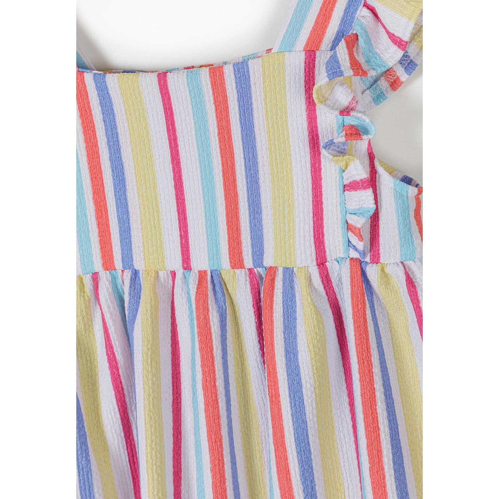 Close-up detail of multicolour striped fabric showing flutter sleeve construction and gathered waist seam on white background