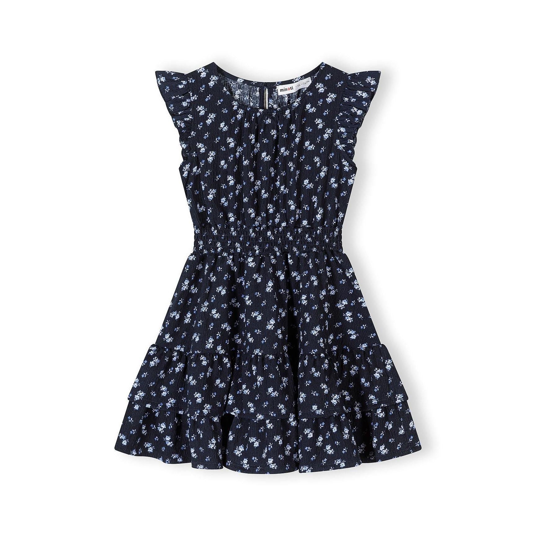 Navy floral dress with flutter sleeves displayed flat against white background, showing A-line silhouette and blue white flower print
