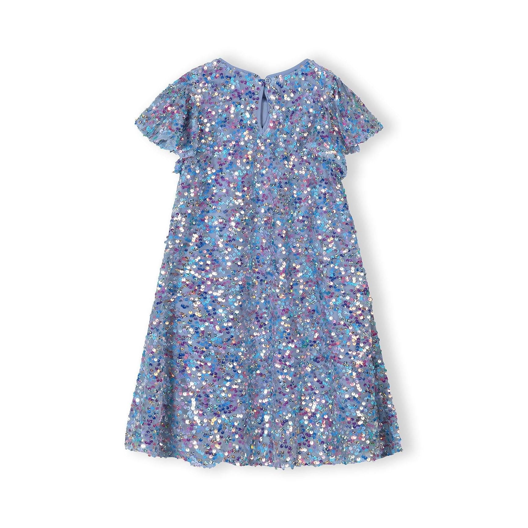 Back view of blue sequin dress showing full coverage sequin embellishment and button closure detail on white background