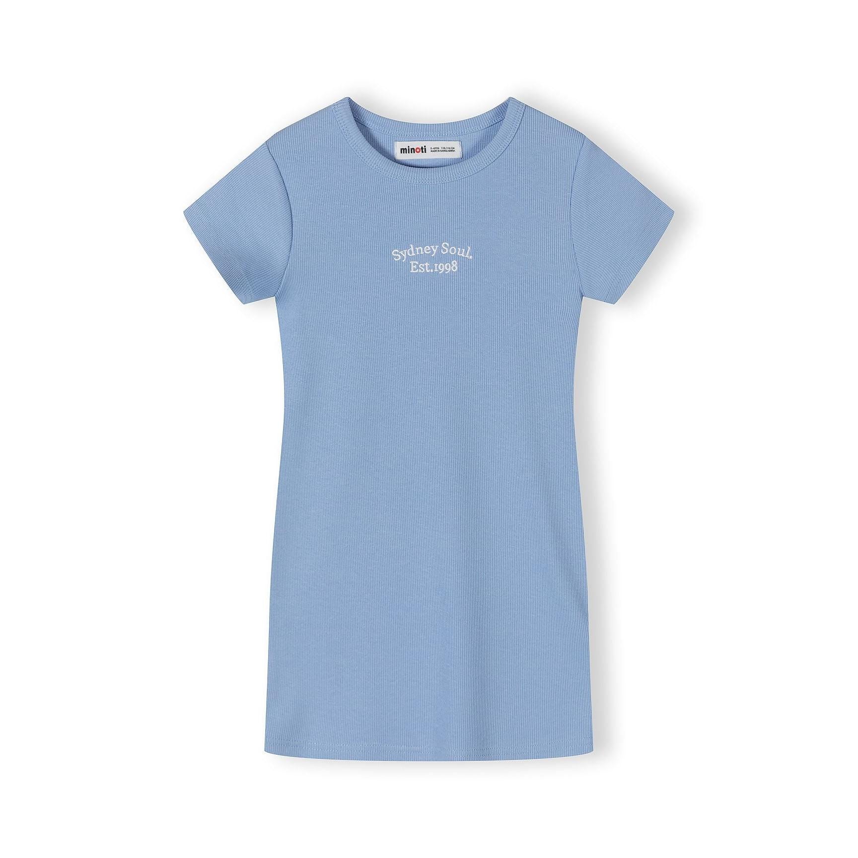 Back view of blue ribbed mini dress showing plain ribbed texture and short sleeve construction on white background