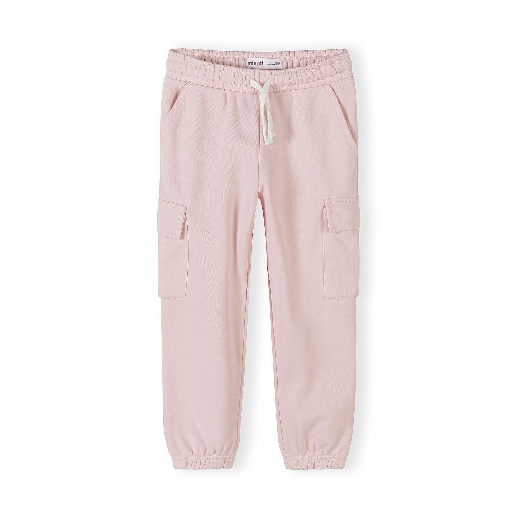 Light pink Minoti cargo joggers displayed flat showing full length view with elasticated waistband, white drawstring, side cargo pockets, and gathered ankle cuffs on white background