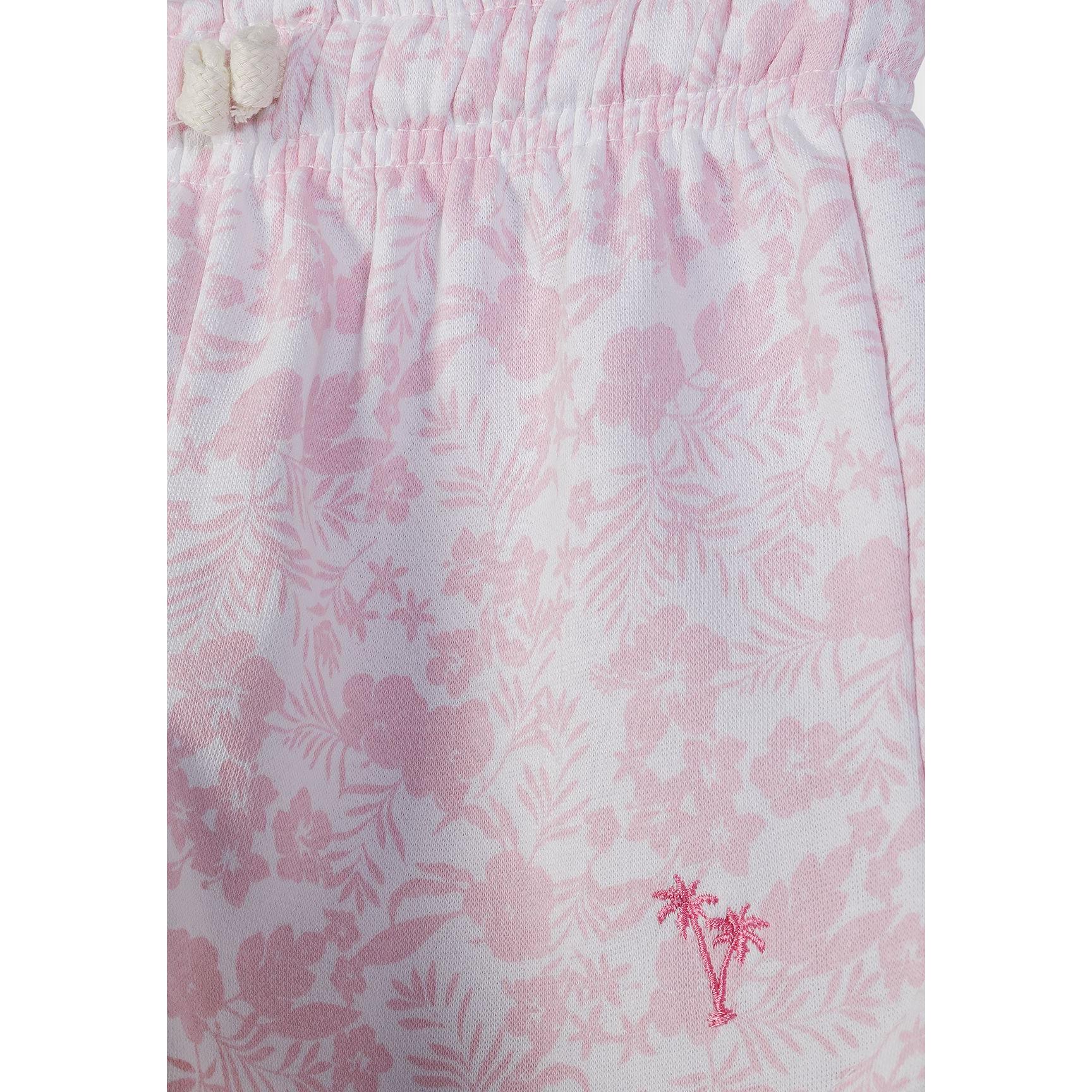 Close-up detail of tropical floral print pattern in pink and white with small pink palm tree embroidery visible on fabric