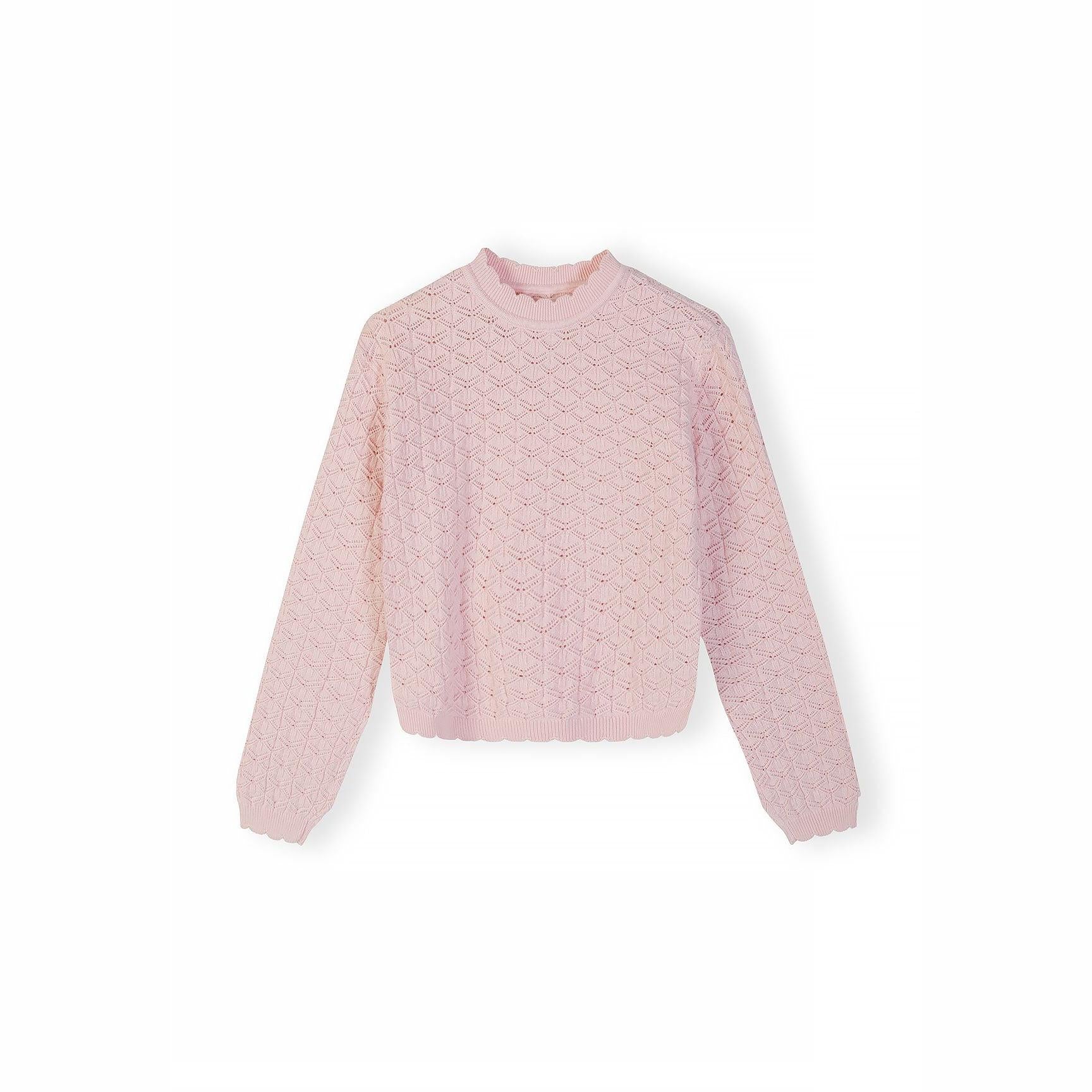 Pink jumper laid flat showing wave hem detail and pointelle knit pattern against white background