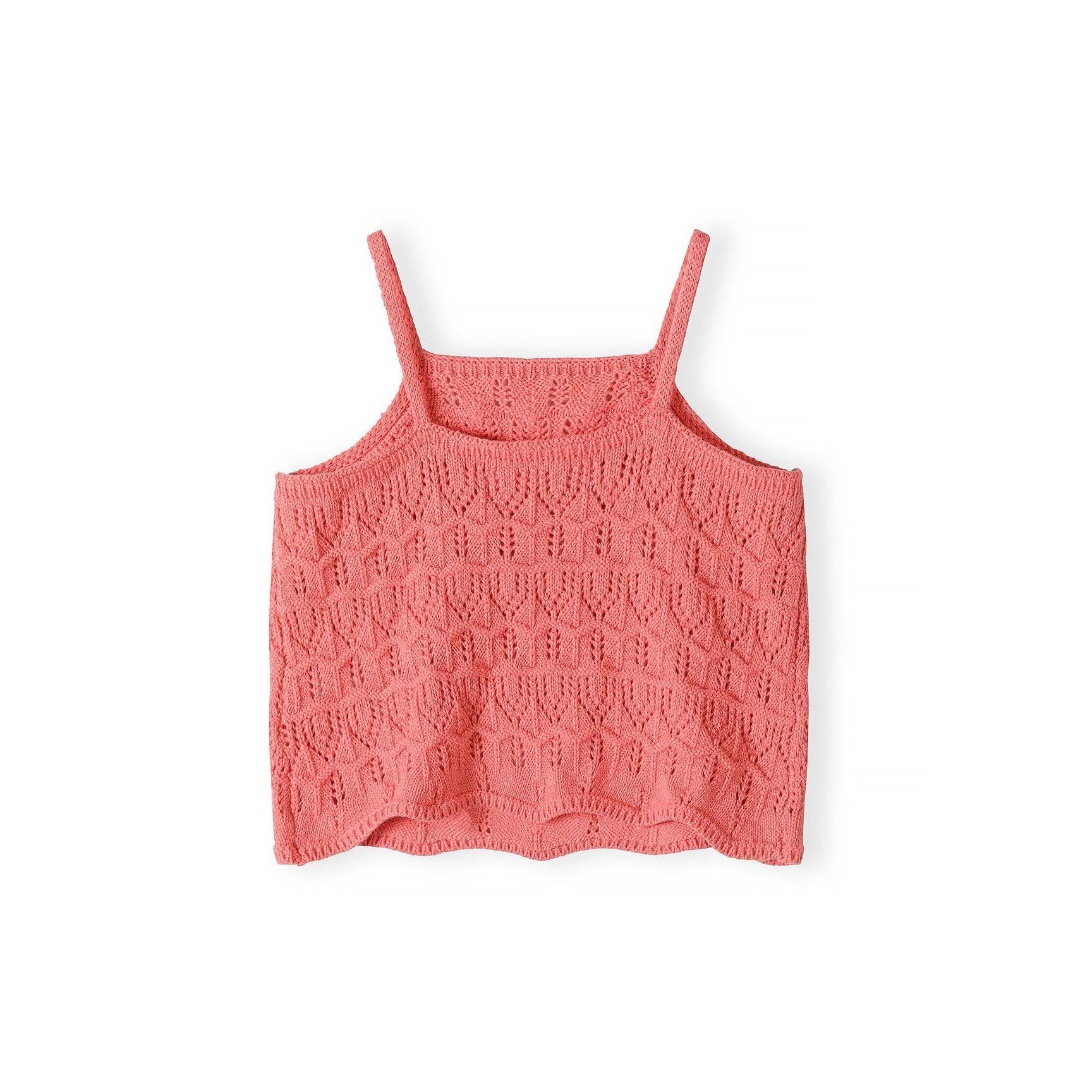 Detailed texture shot of coral pink crochet fabric showing intricate leaf and diamond pattern stitching