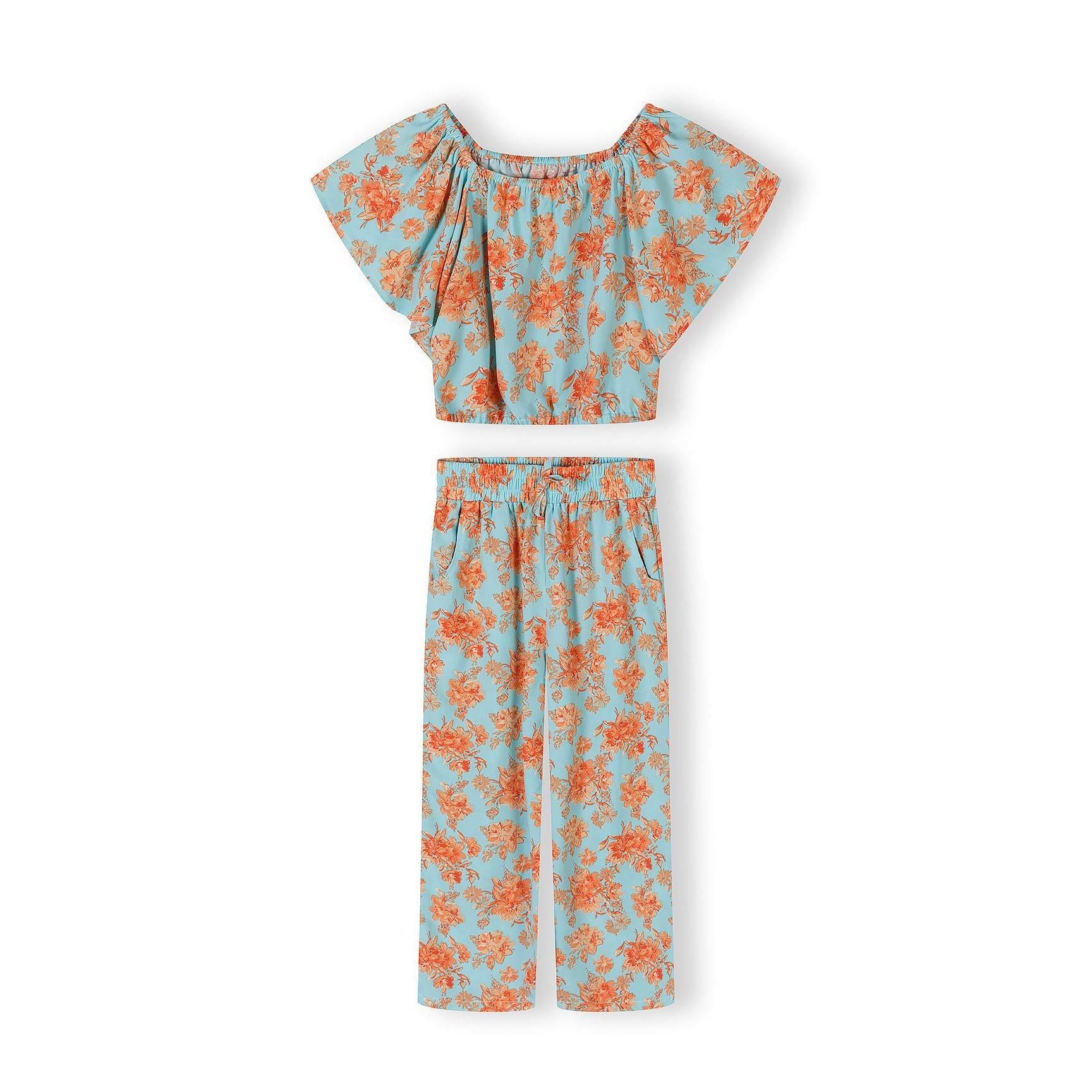 Light blue viscose top with orange floral pattern showing off-shoulder design and flutter sleeves, laid flat on white background